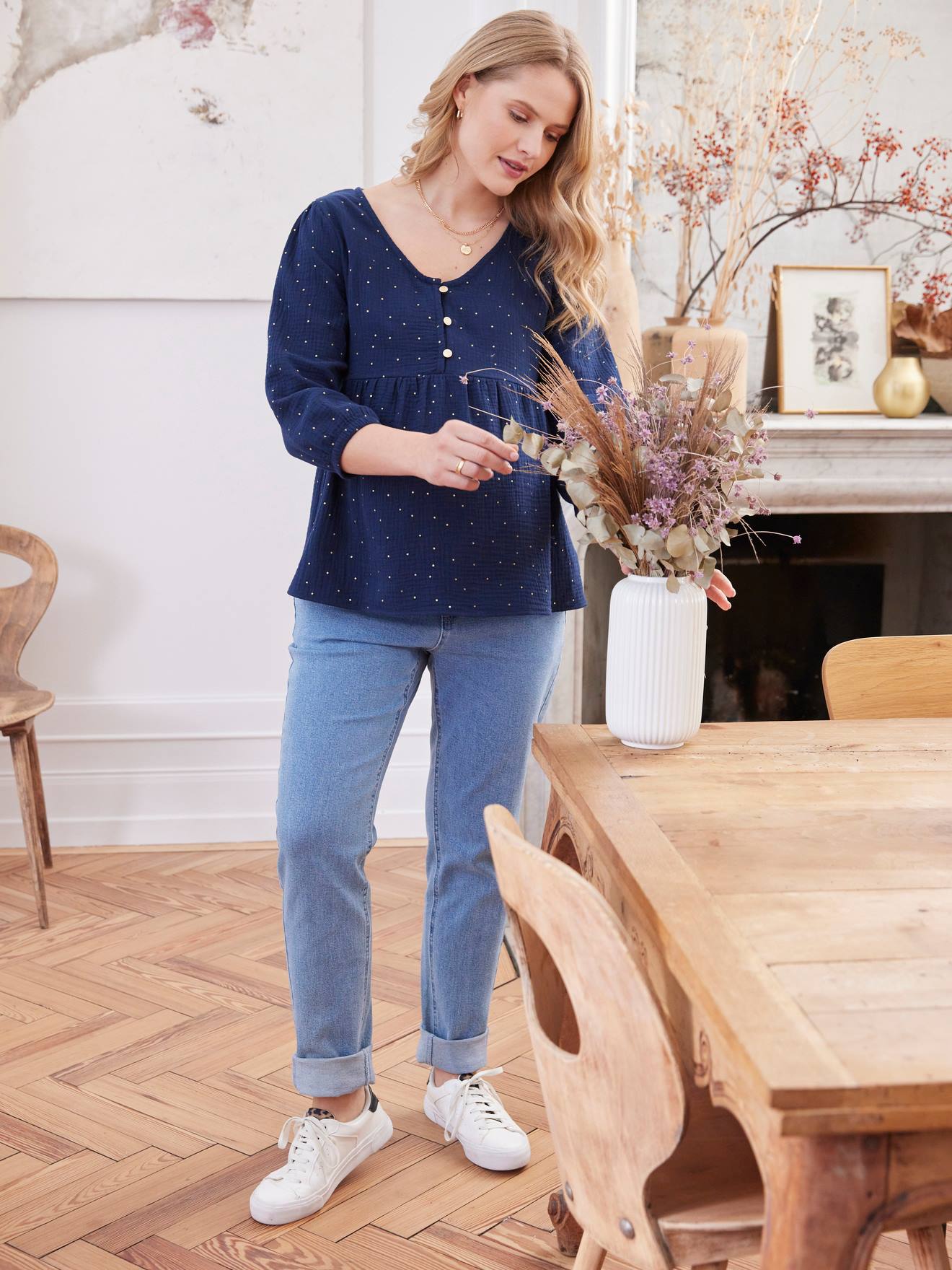 Cotton Gauze Blouse, Maternity & Nursing Special blue bright solid