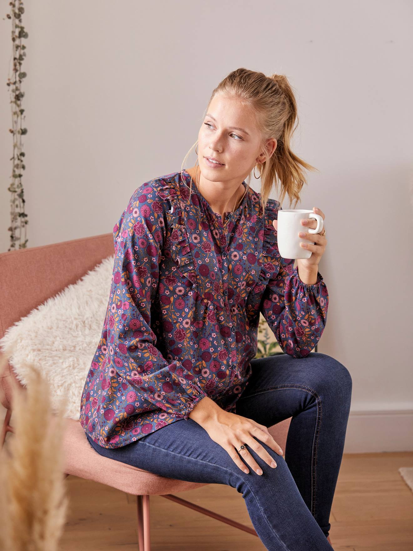 Printed Blouse with Buttons, Maternity & Nursing Special blue dark solid