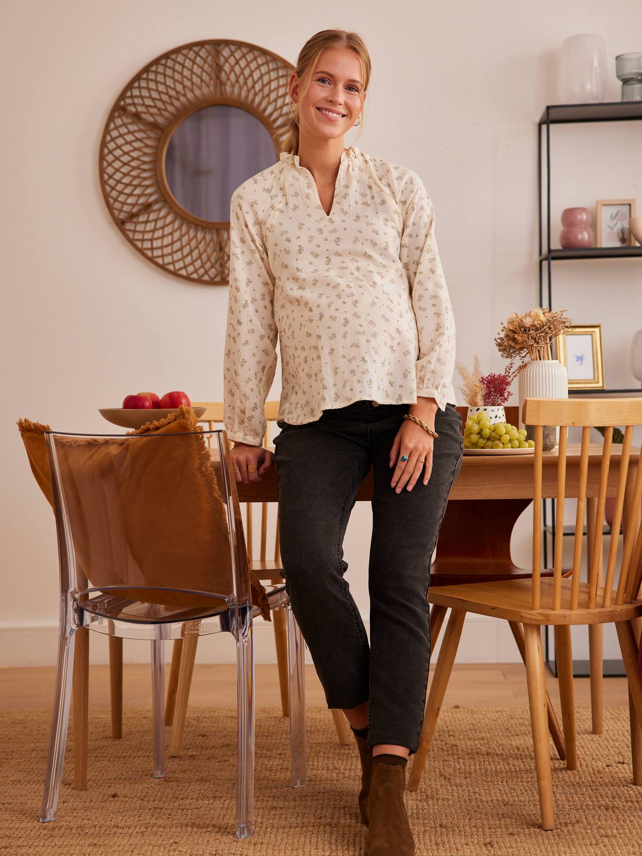 Printed Cotton Gauze Blouse, Maternity & Nursing Special white light solid with design