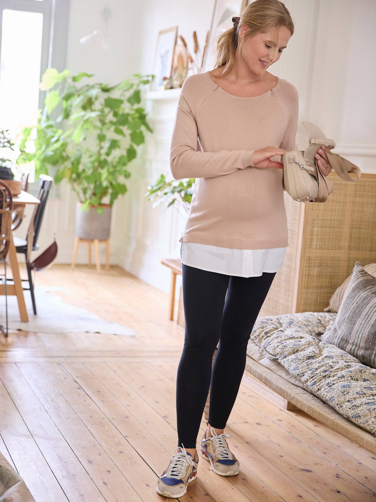 Dual Fabric Jumper, Maternity & Nursing rose beige