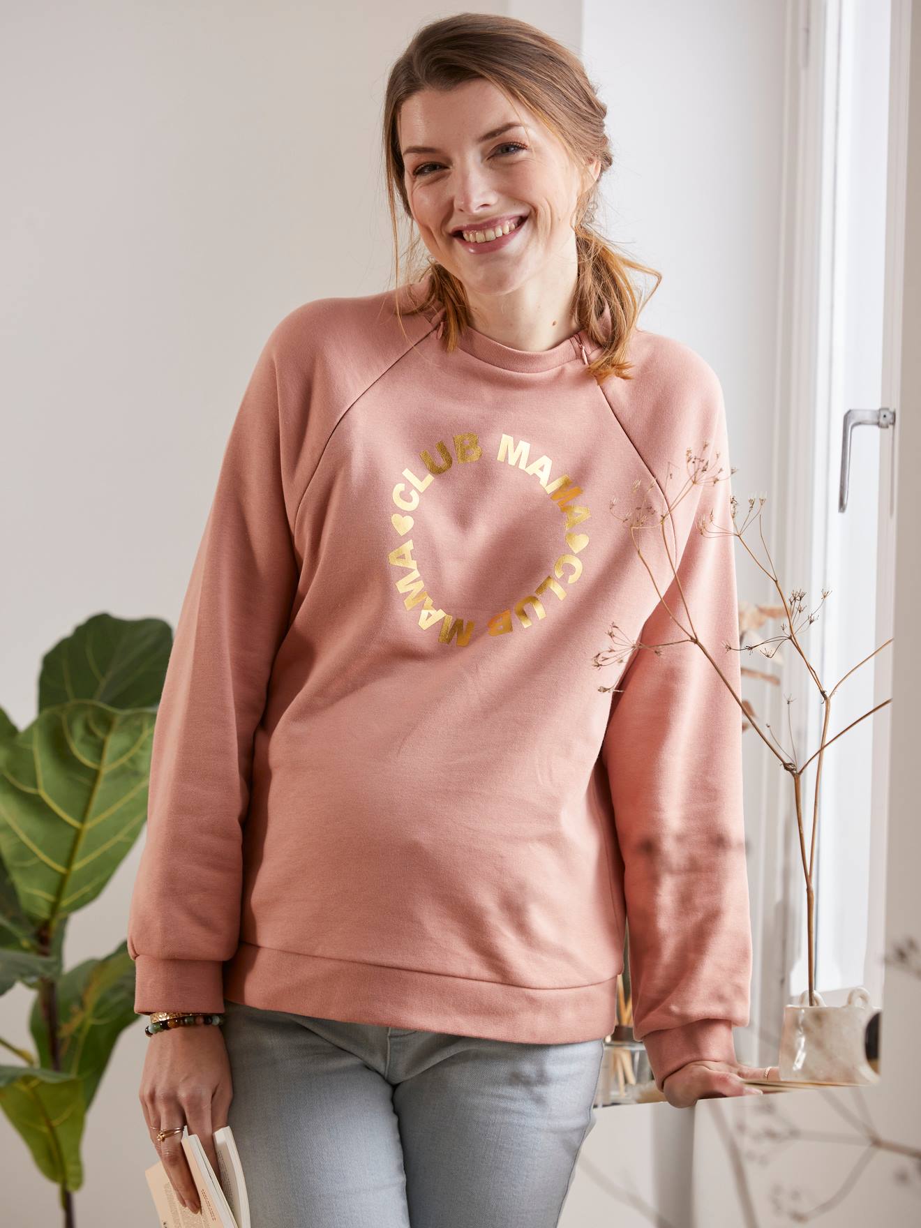 Fleece Sweatshirt with Message, Maternity & Nursing Special pink dark solid
