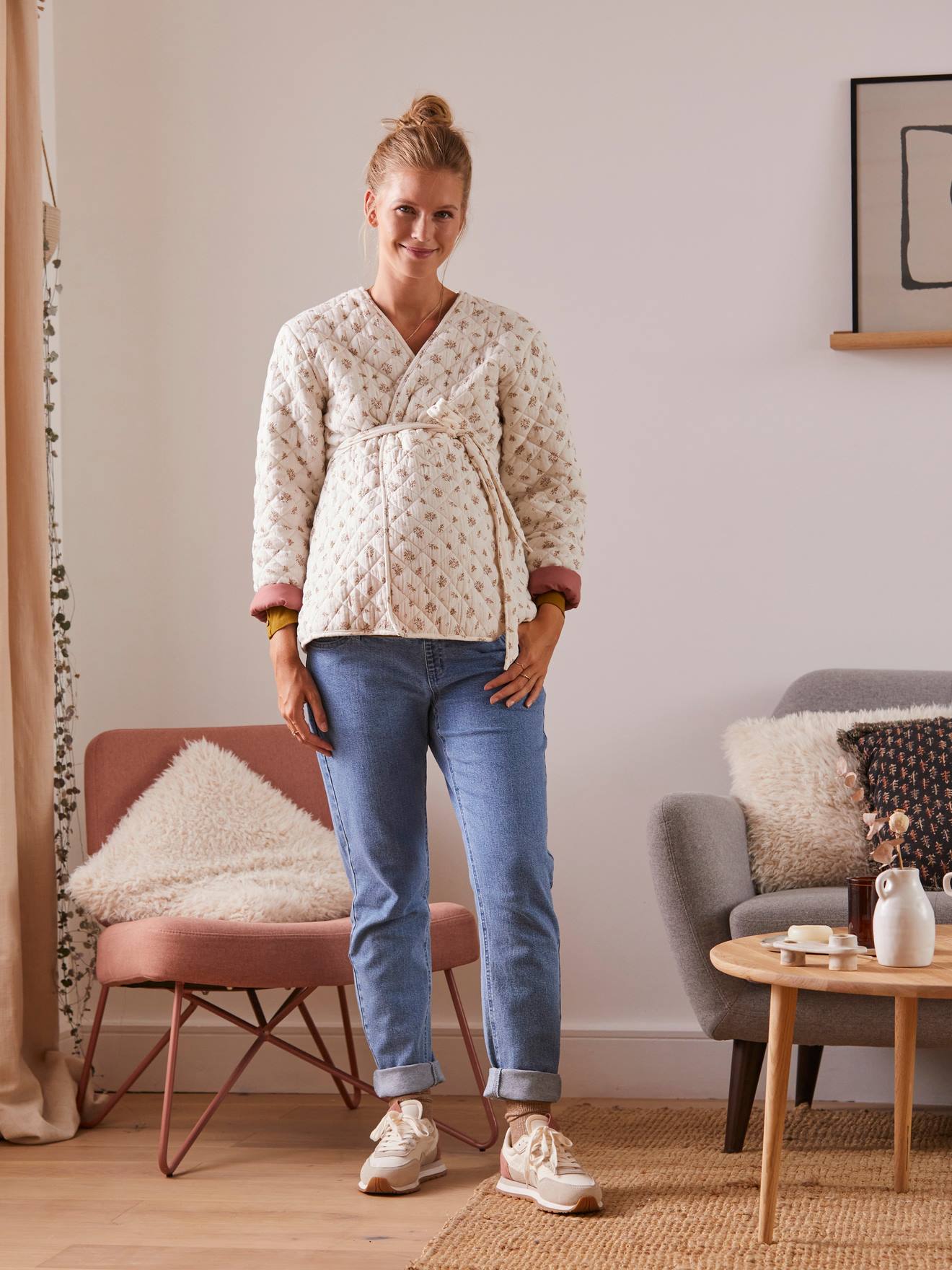 Quilted Jacket in Cotton Gauze, Maternity & Nursing pink light all over printed