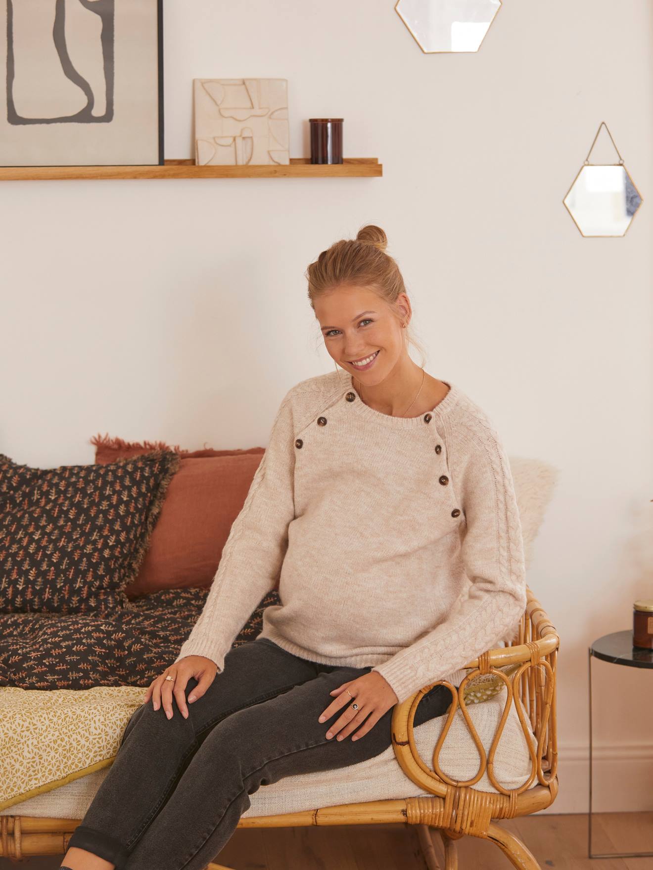 Jumper with Cable-Knit Sleeves, Maternity & Nursing beige light solid