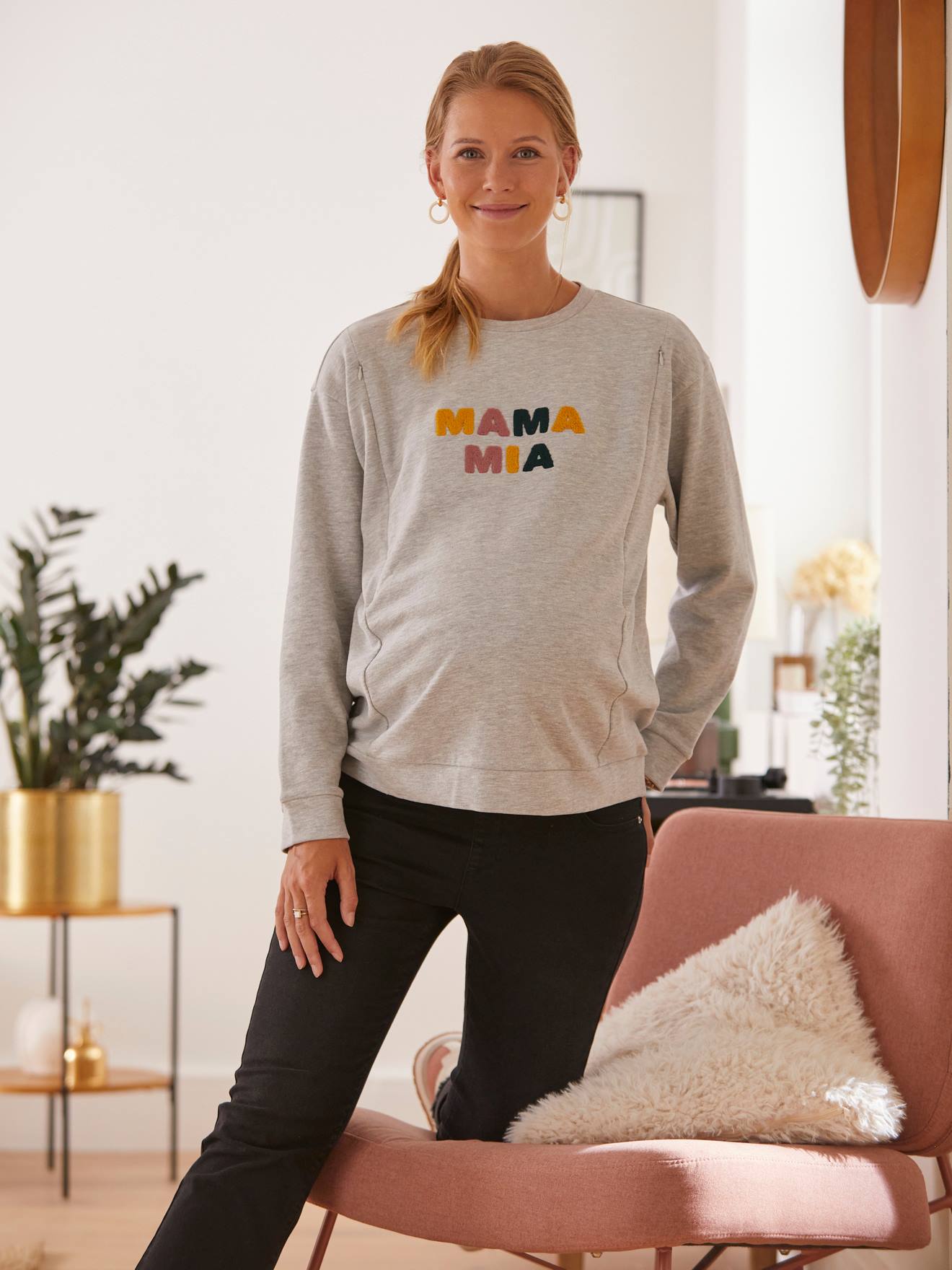 Fleece Sweatshirt with Message, Maternity & Nursing Special grey light solid with design