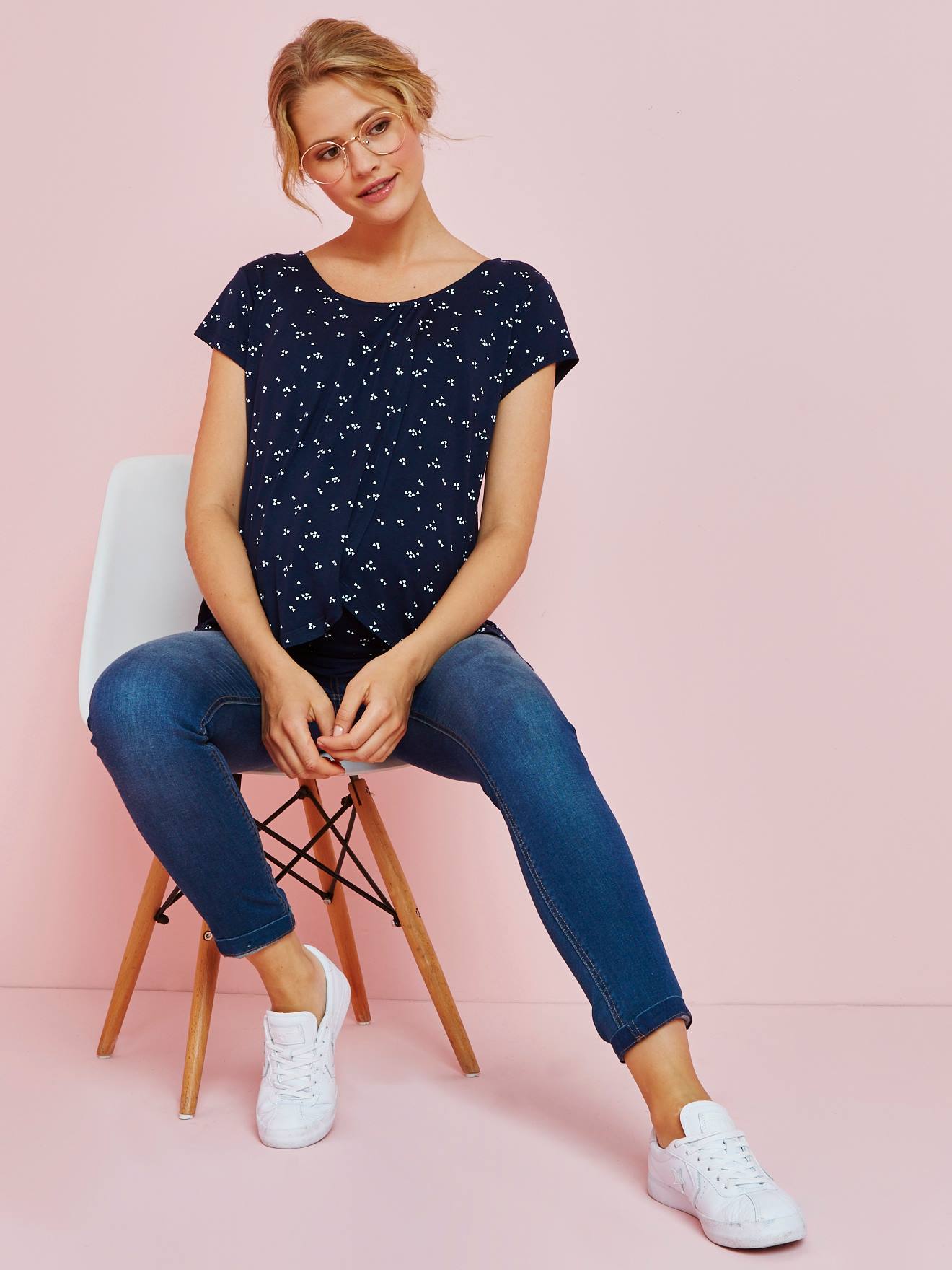Nursing T-Shirt with Crossover Panels dark blue/print