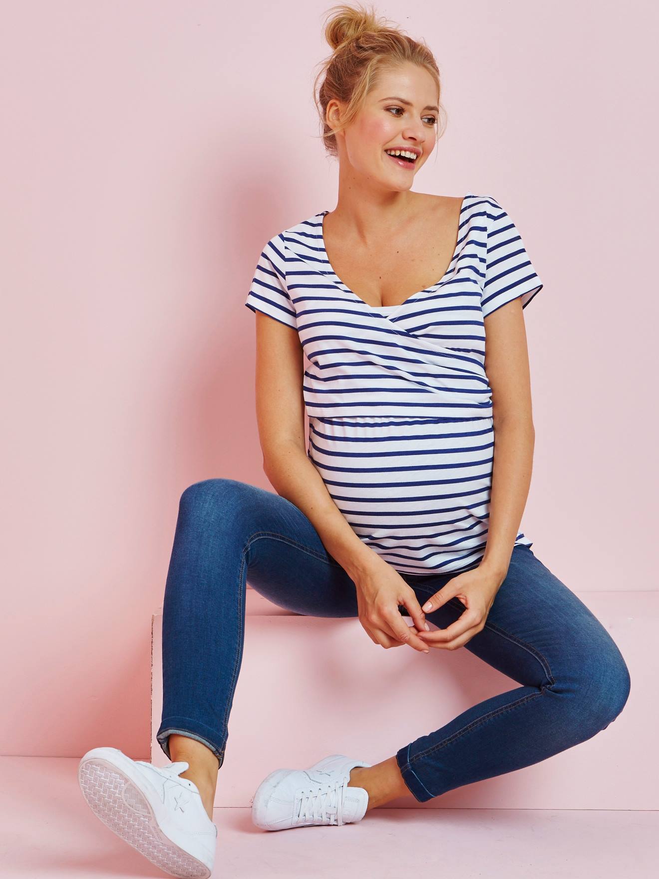 Nursing Crossover T-Shirt blue/white stripes