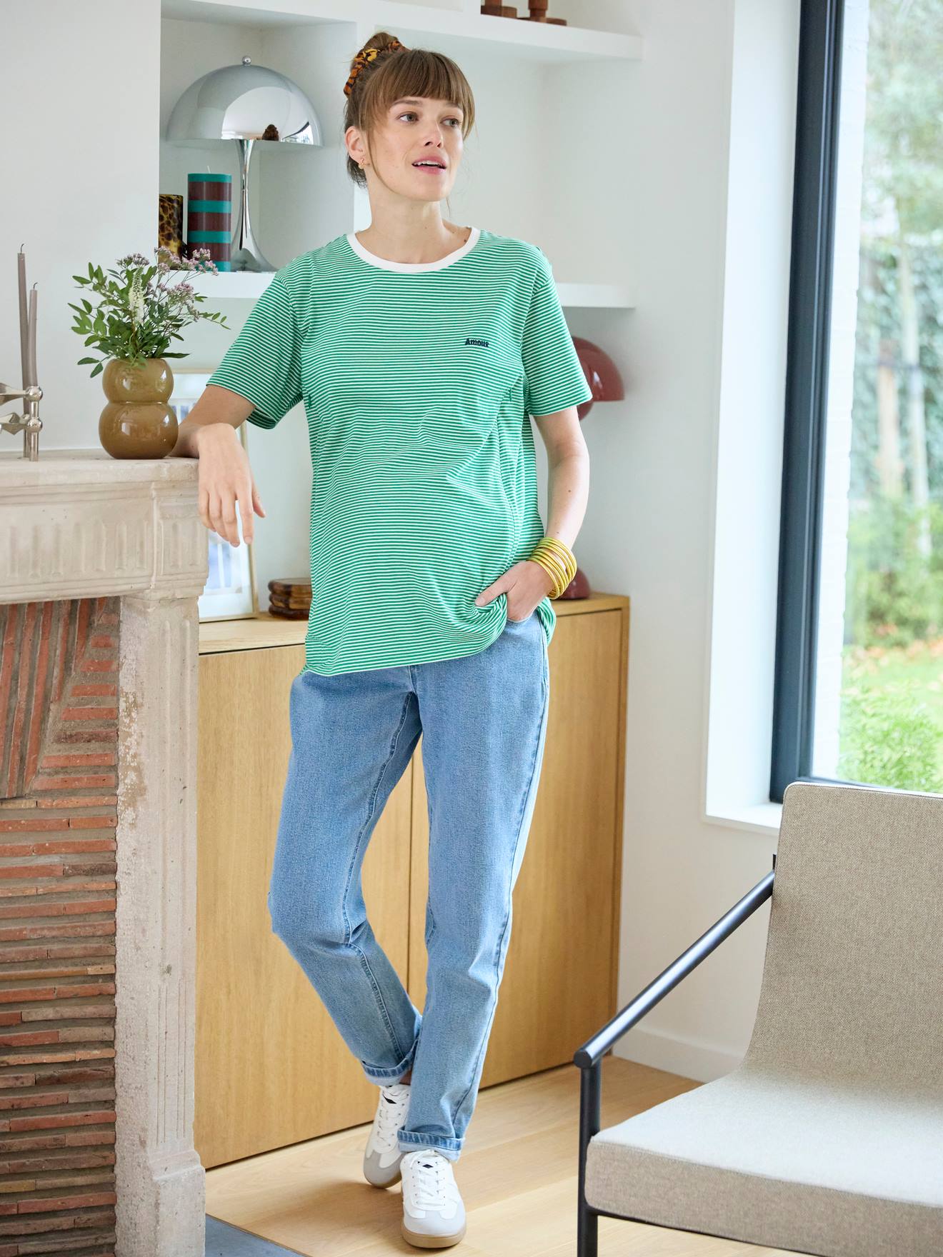 Striped Cotton T-Shirt, Maternity & Nursing Special green