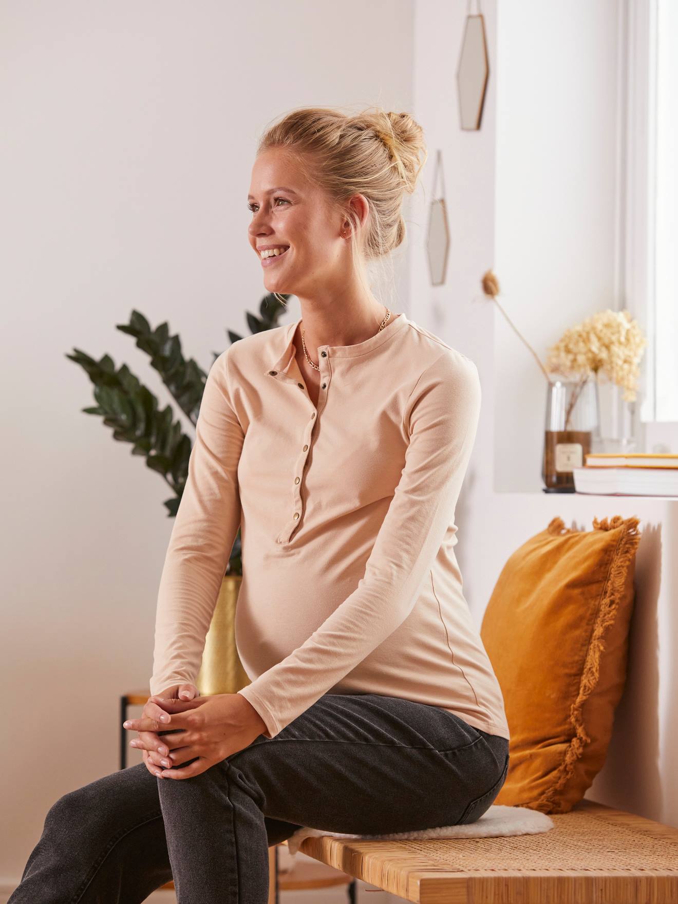 Grandad-Style Top, Maternity & Nursing Special beige dark solid