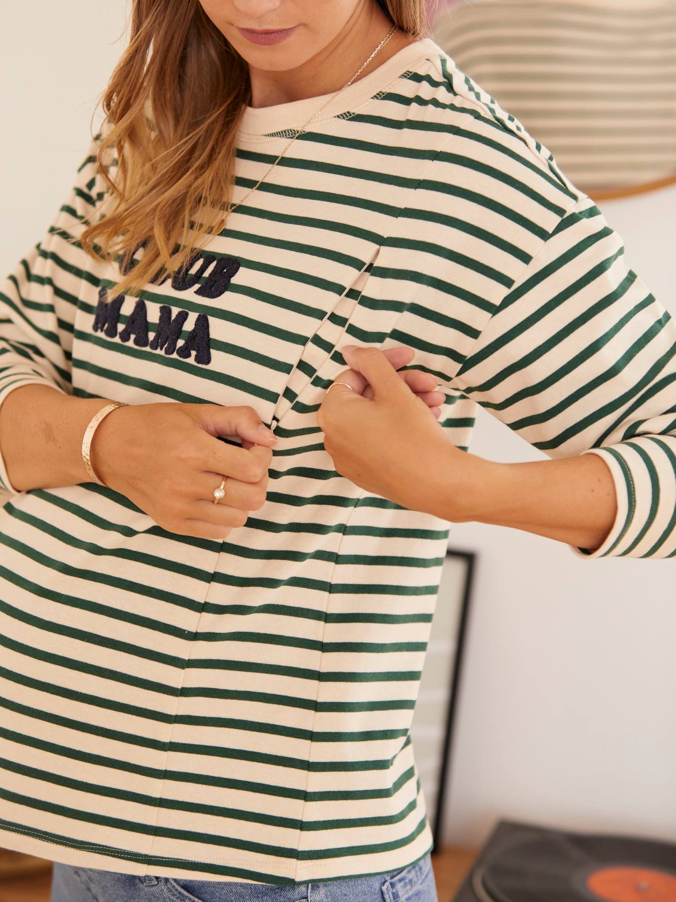 Sailor-Style Top, Maternity & Nursing green medium striped