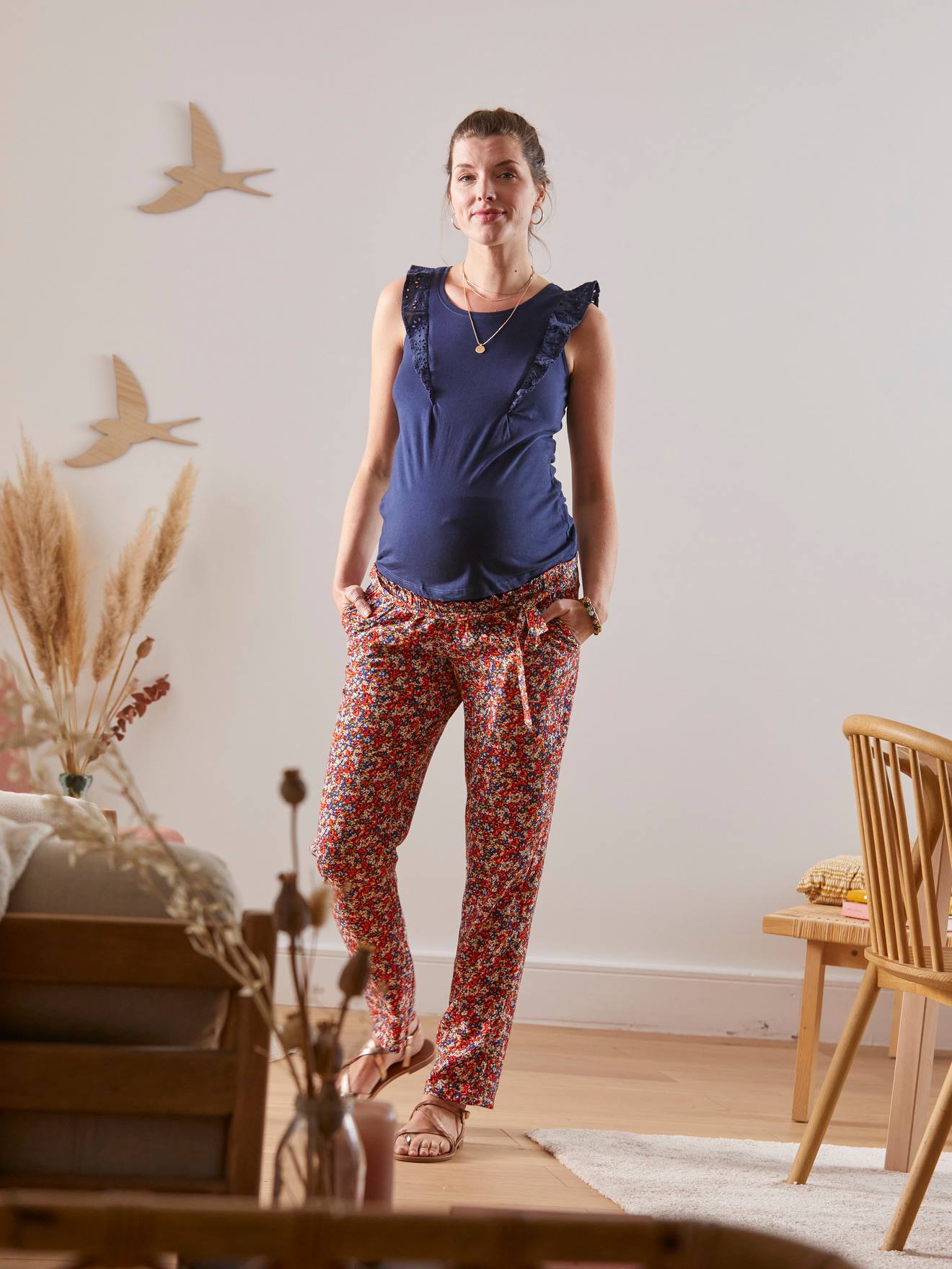 Printed, Fluid Trousers in Viscose, for Maternity blue dark all over printed