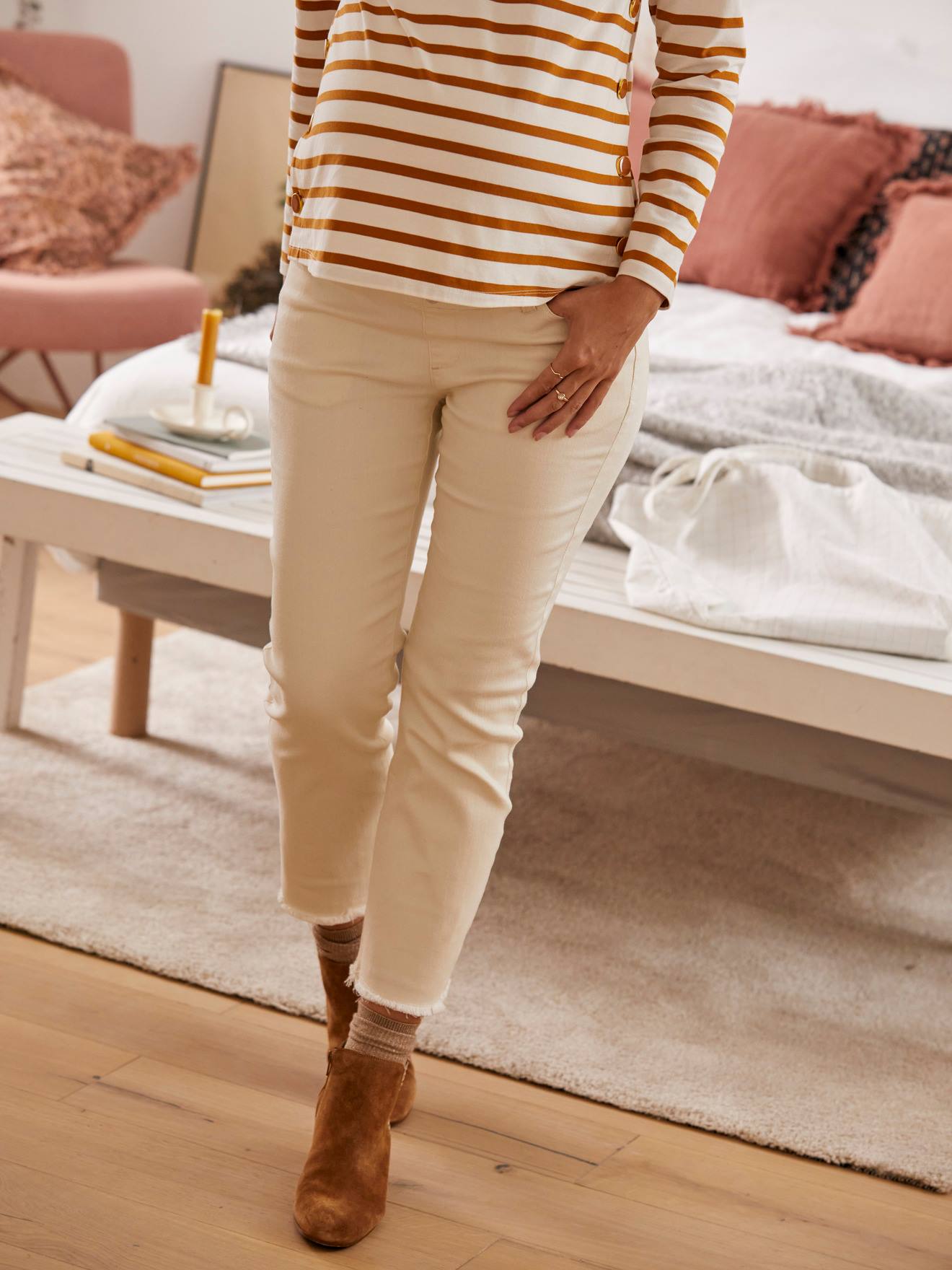 Flared Jeans for Maternity, Inside Leg 65 cm beige light solid