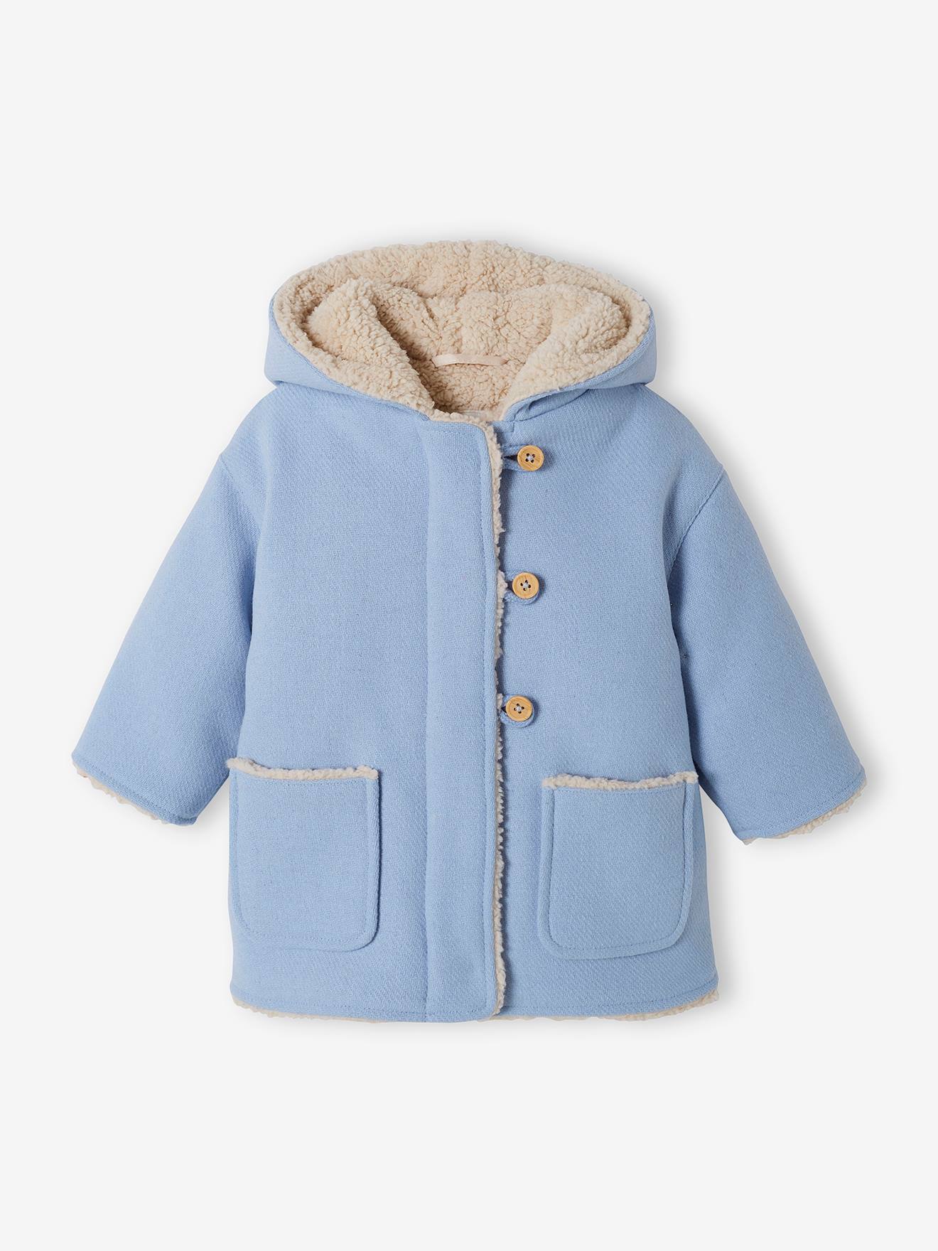 Woollen Coat, Faux Fur Lining, for Babies sky blue