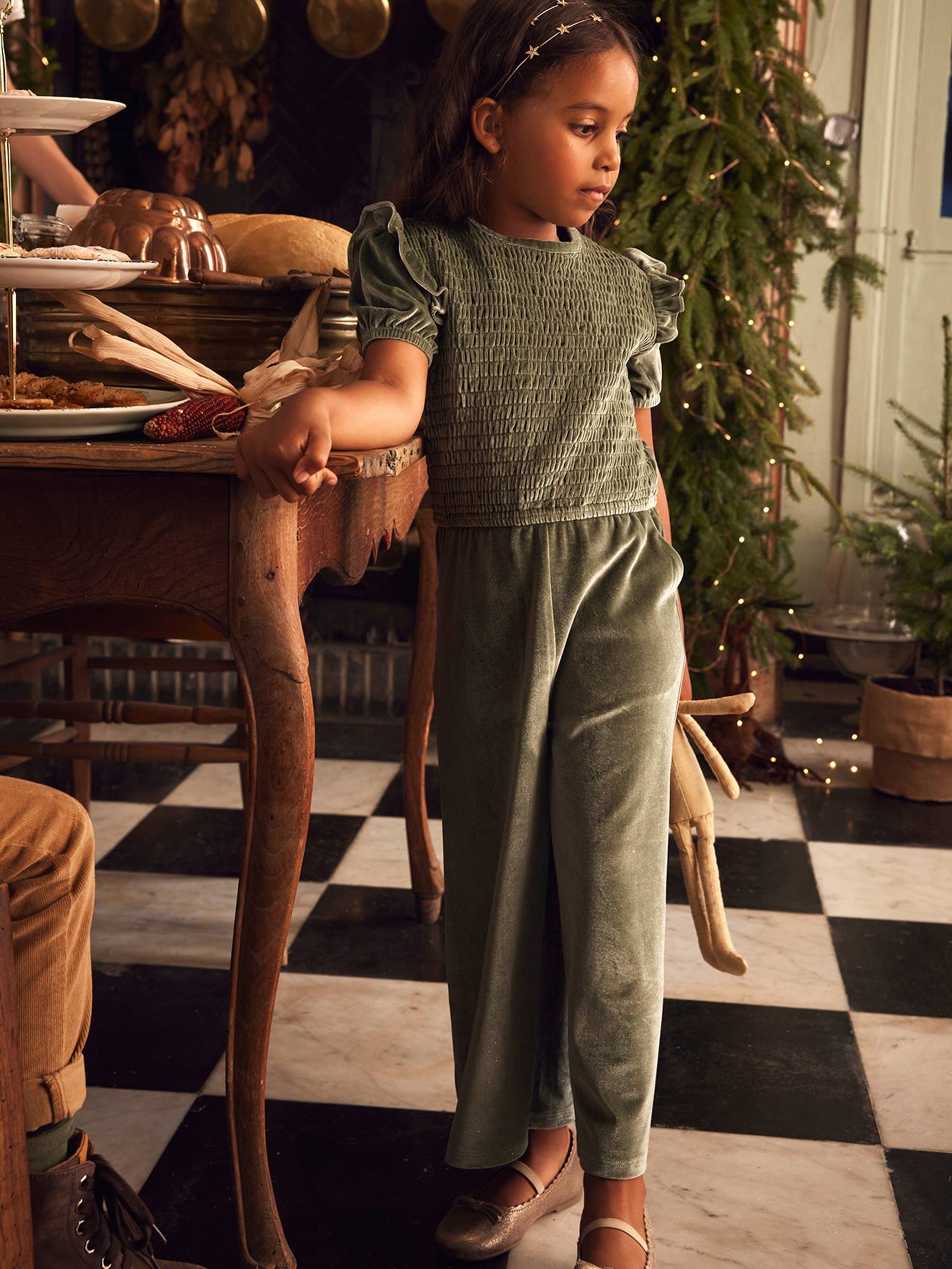Jumpsuit with Smocking & Glittery Velour for Girls sage green