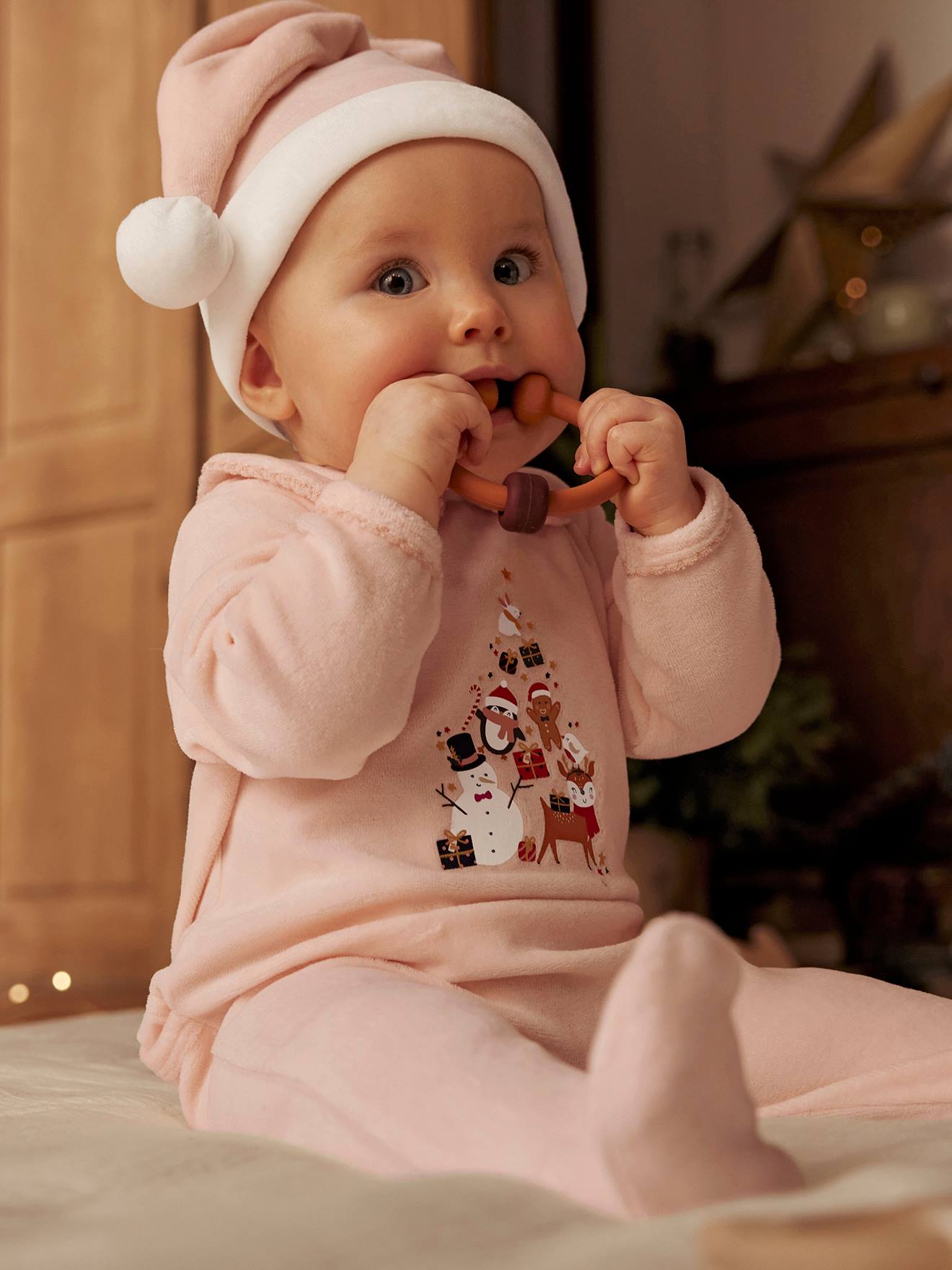 Christmas Sleepsuit & Hat in Velour for Baby Girls pale pink