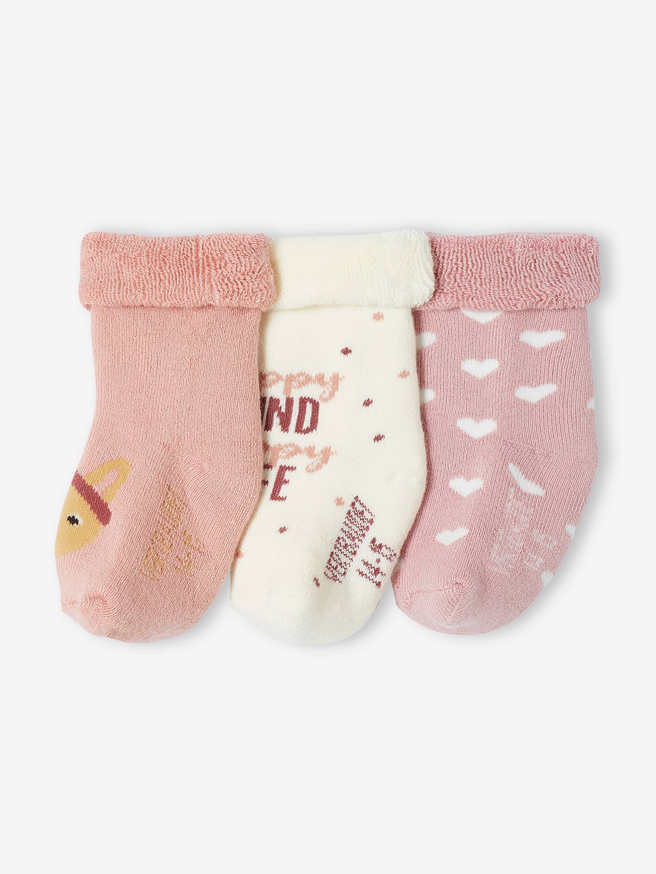 Pack of 3 Pairs of Hearts & Rabbits Socks for Baby Girls rosy