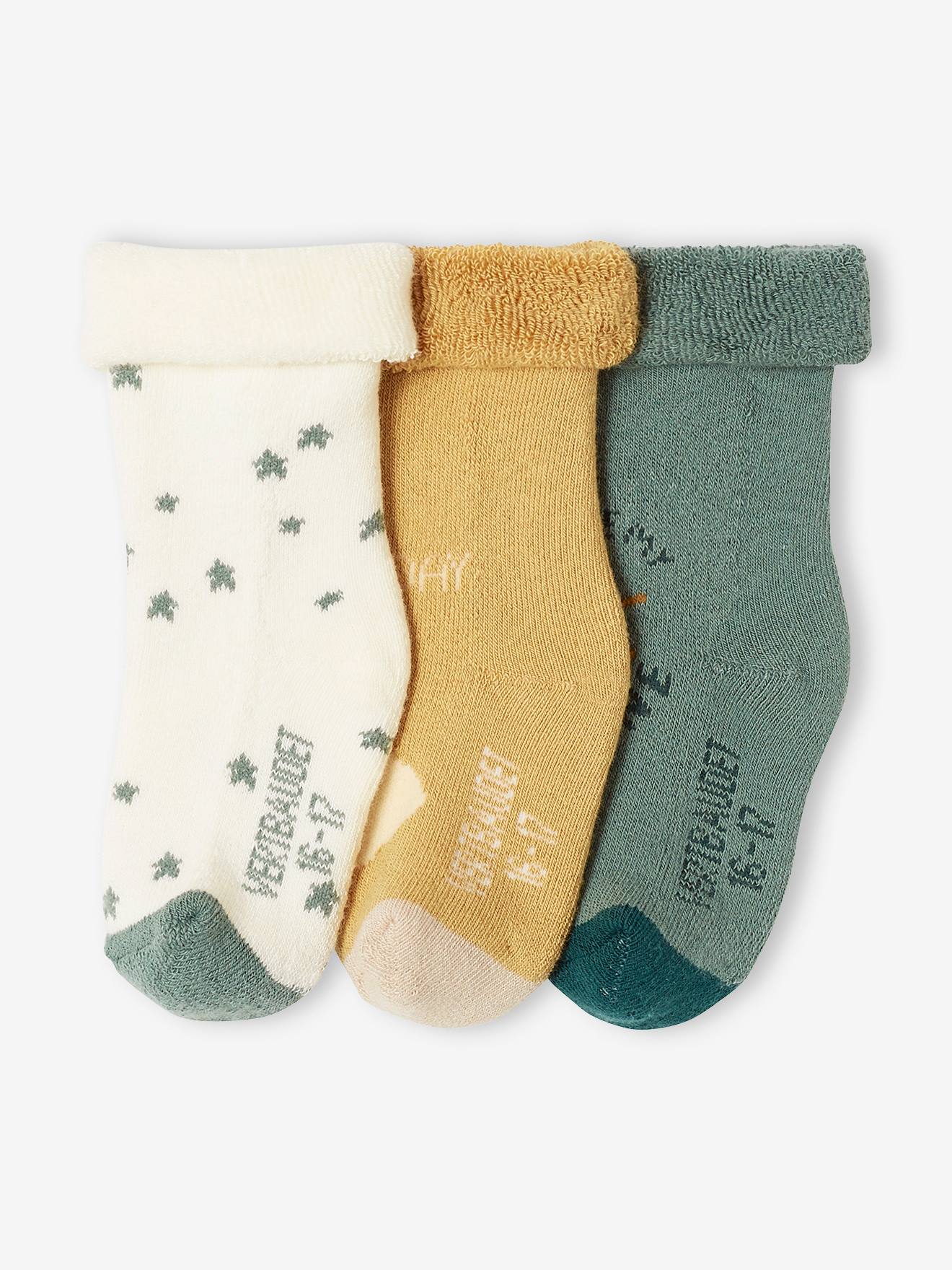 Pack of 3 Pairs of Socks with Stars, Clouds & Sun for Babies sage green