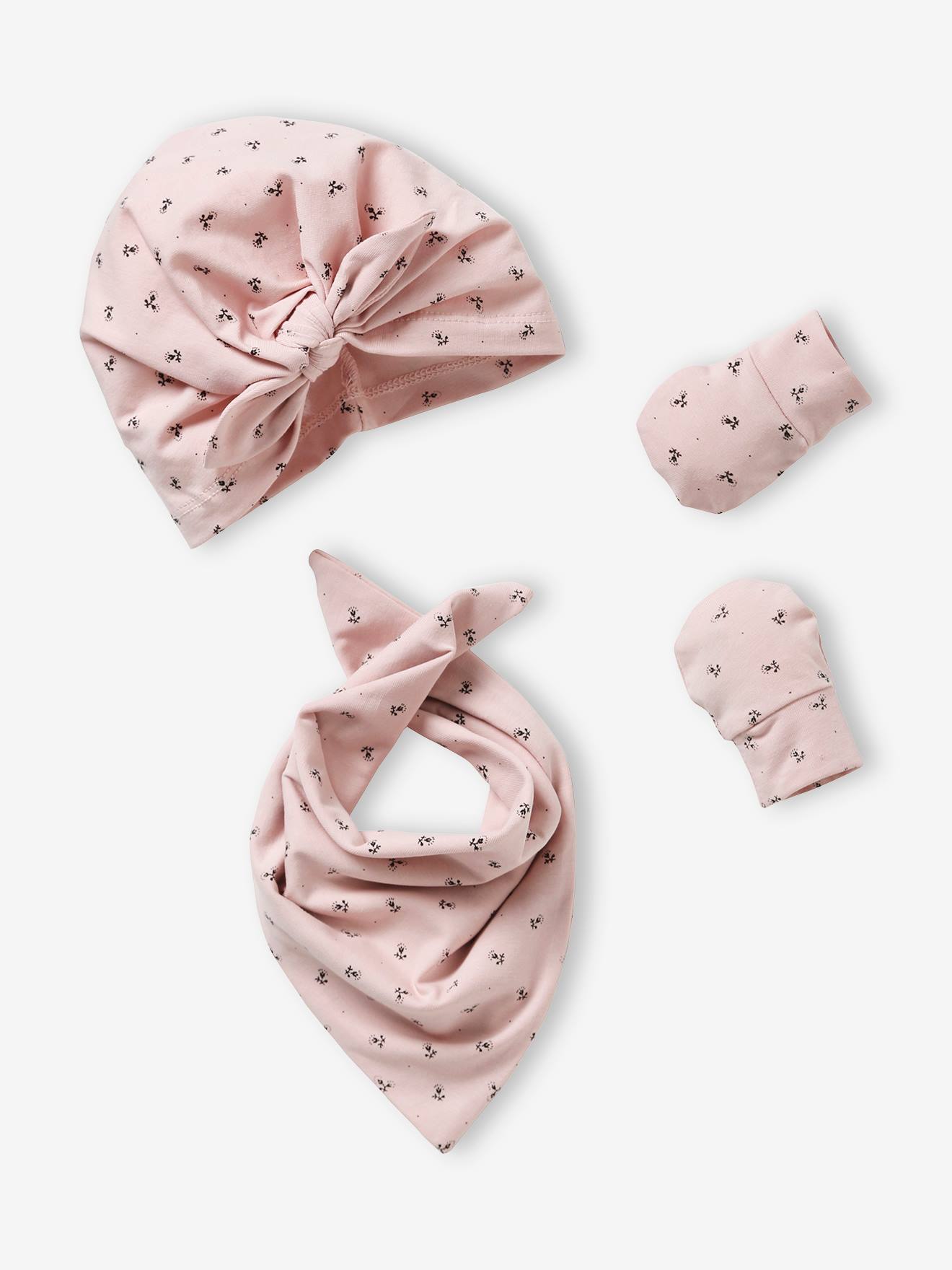 Beanie + Mittens + Scarf + Pouch in Printed Jersey Knit, for Baby Girls dusky pink