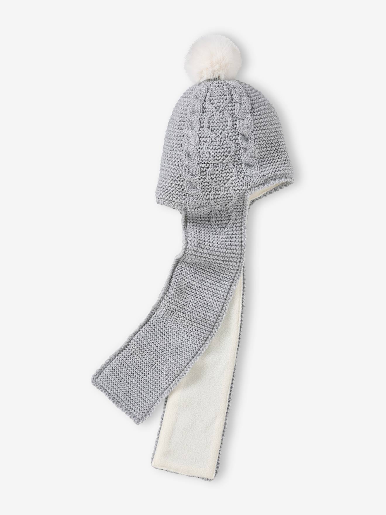 2-in-1 Cable-Knit & Hearts Beanie-Scarf for Babies marl grey