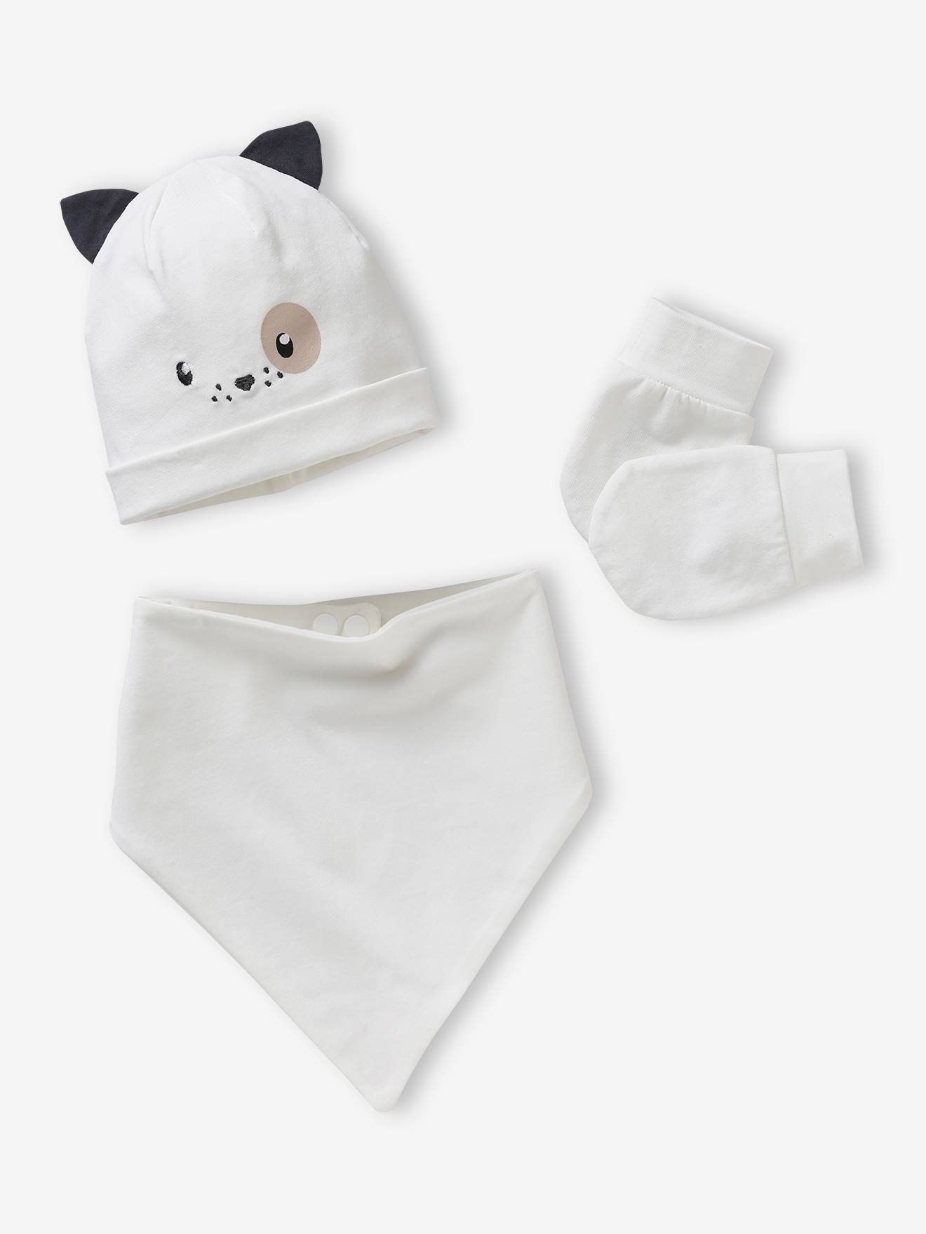 Dog Beanie + Mittens + Scarf, in Jersey Knit, for Babies white