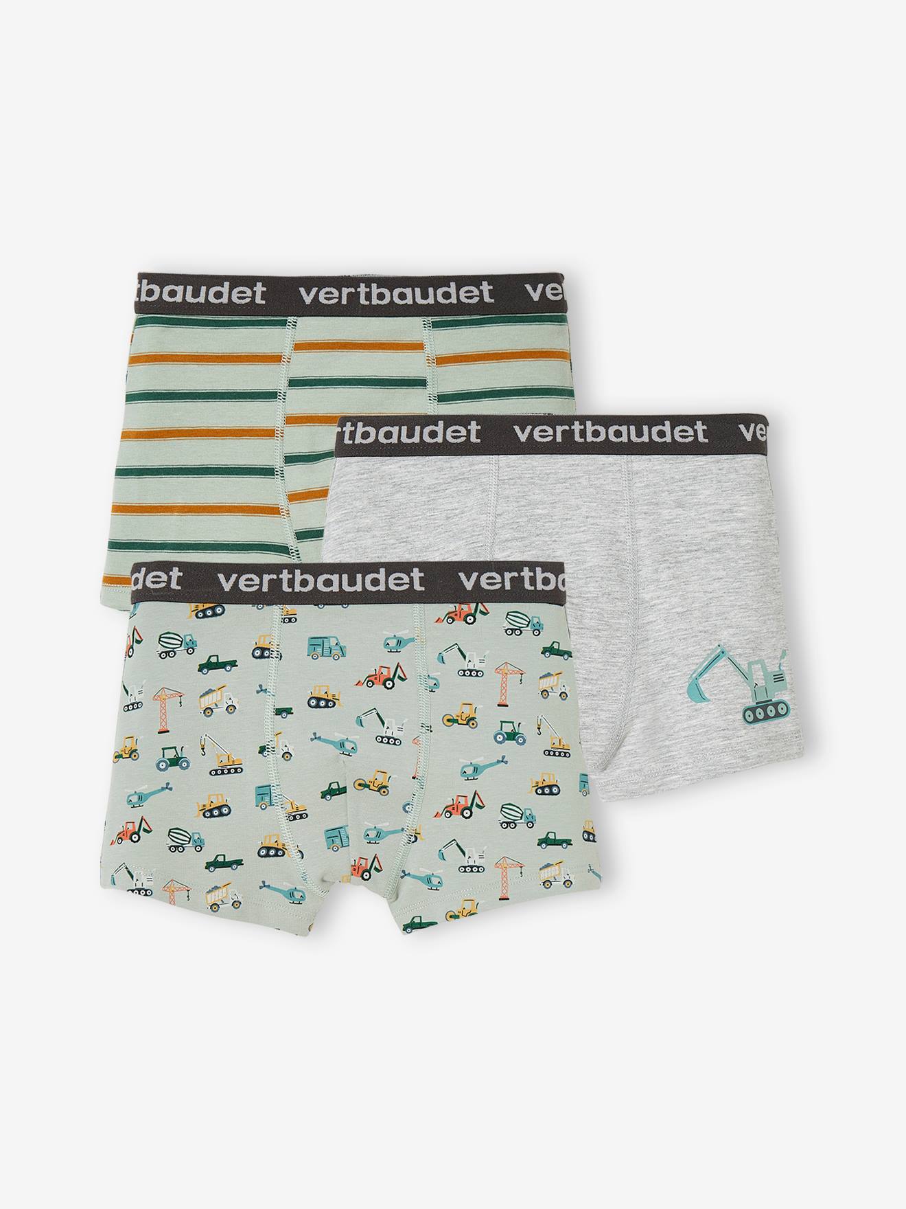 Pack of 3 Stretch Boxers for Boys, "Digger" sage green