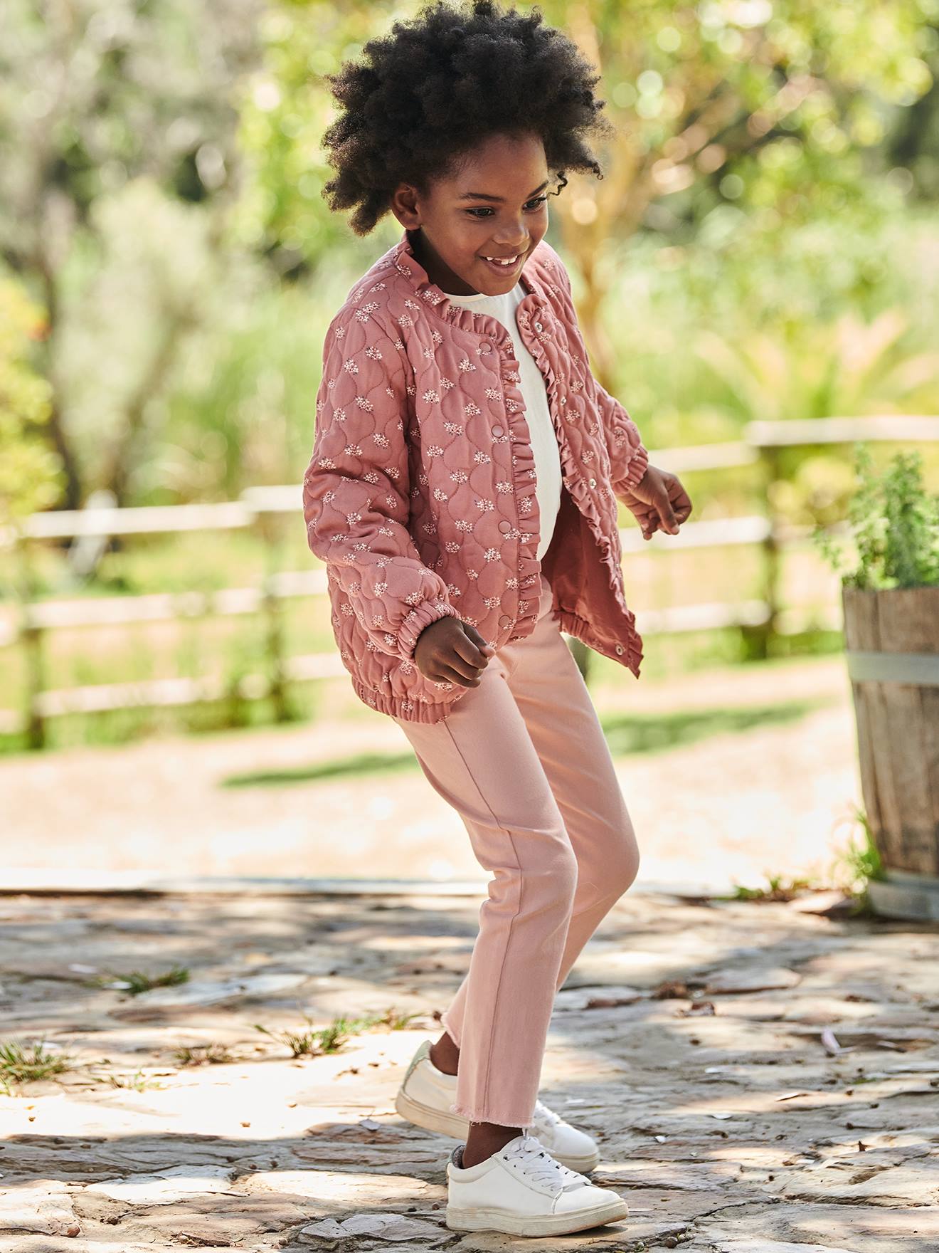 Padded Jacket with Floral Print for Girls tomato red