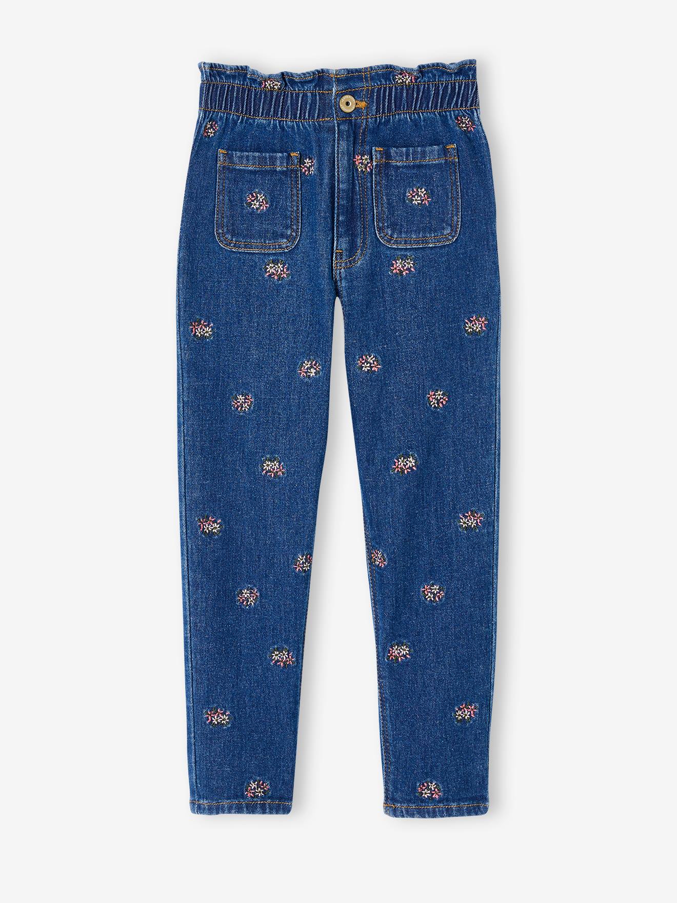 Paperbag Jeans, Embroidered Flowers, for Girls denim blue