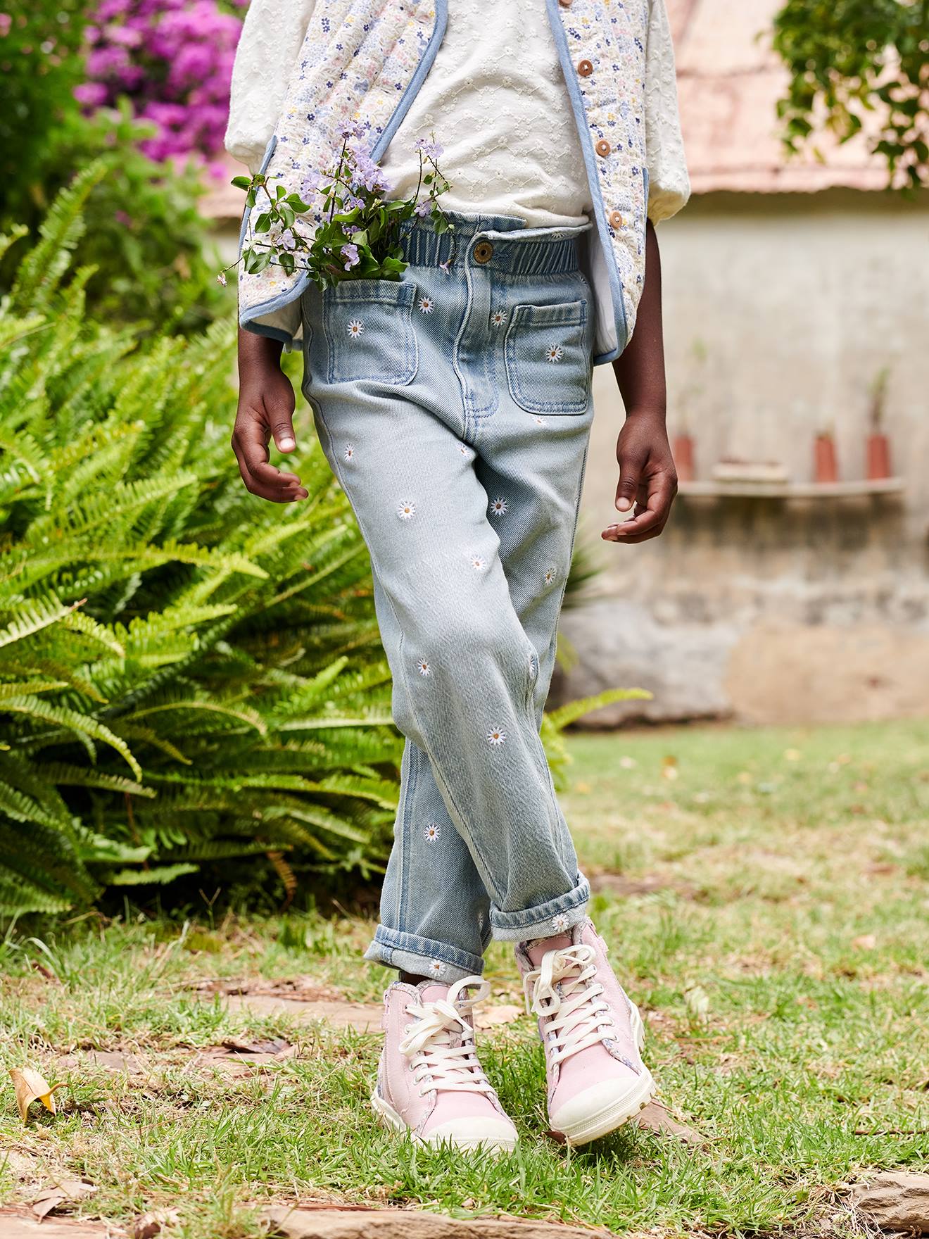 Paperbag Jeans, Embroidered Flowers, for Girls double stone