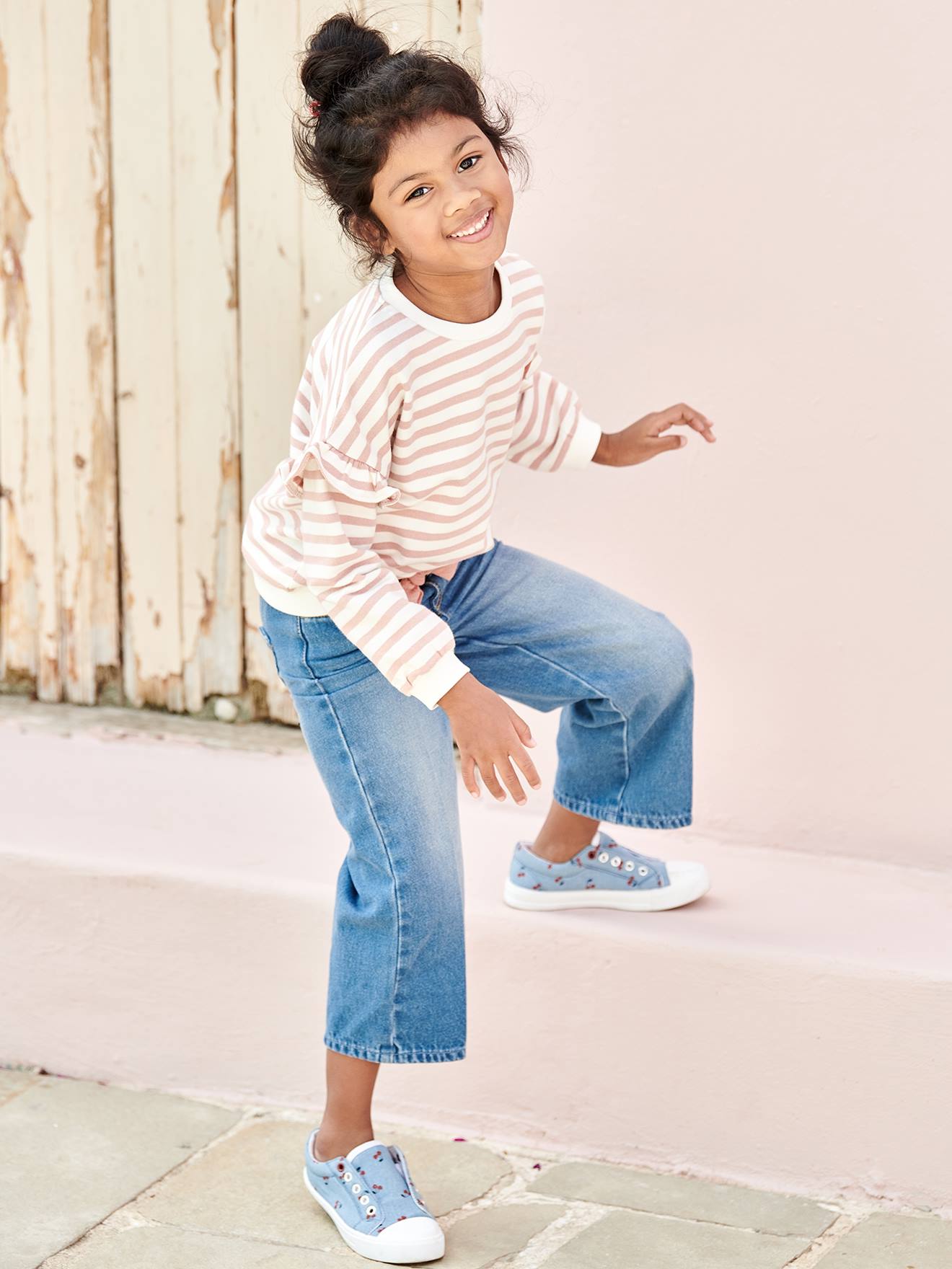 Wide Jeans & Cotton Gauze Belt, Ankle Length, for Girls stone
