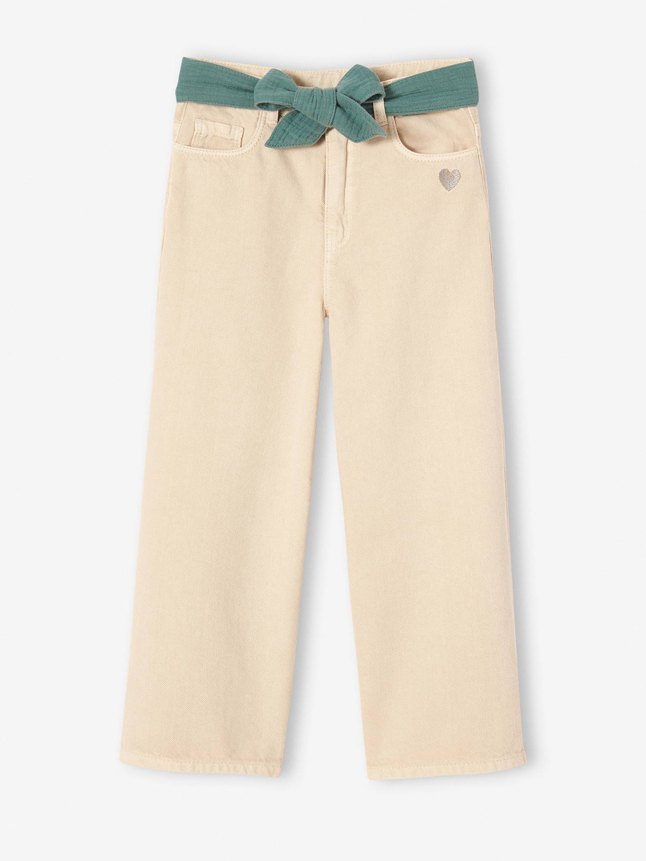 Flared Trousers in Cotton Gauze, with Belt, for Girls ecru