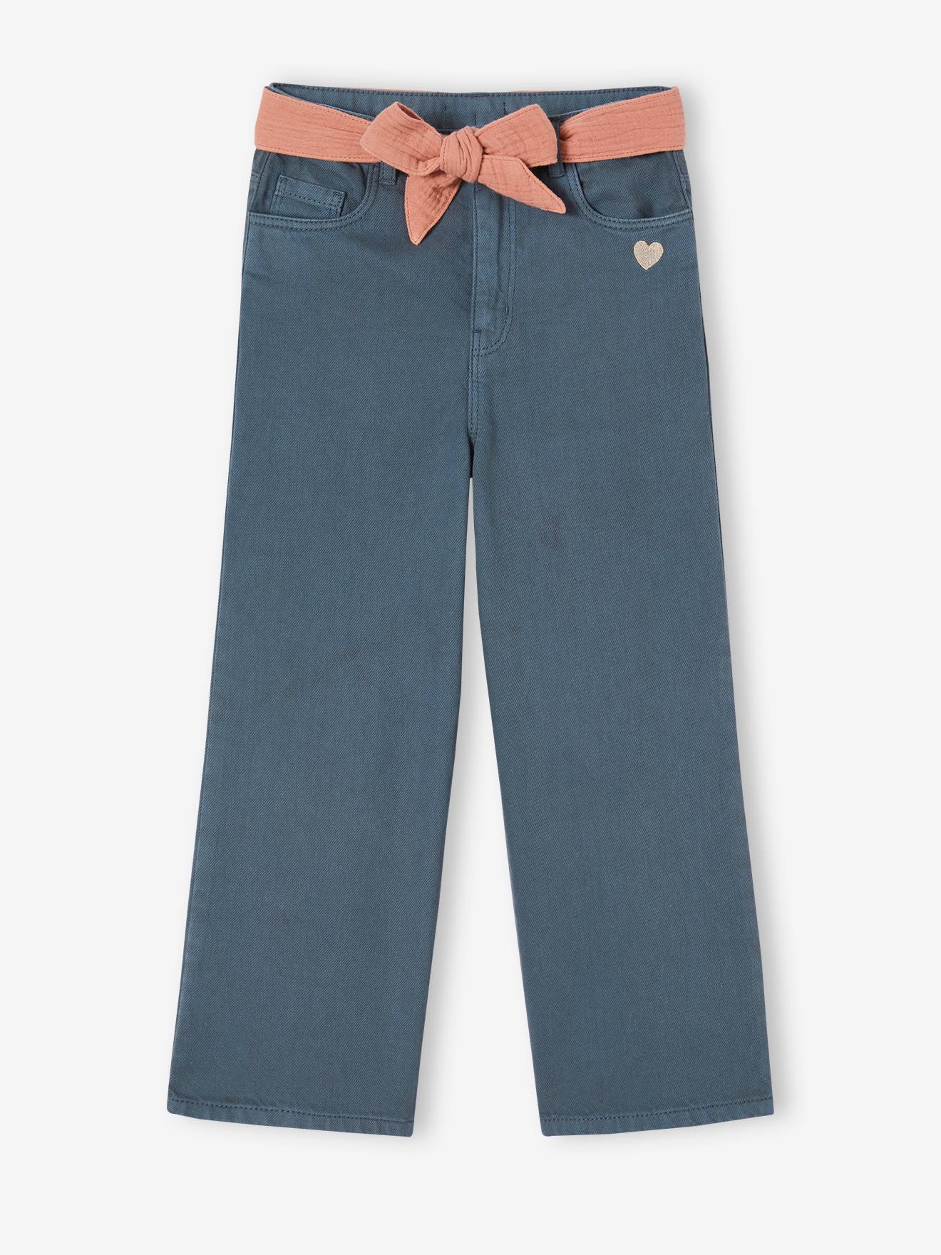 Flared Trousers in Cotton Gauze, with Belt, for Girls ink blue