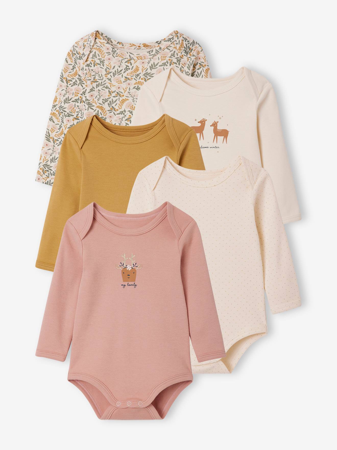 Pack of 5 "Reindeer" Bodysuits with Cutaway Shoulders for Babies ecru