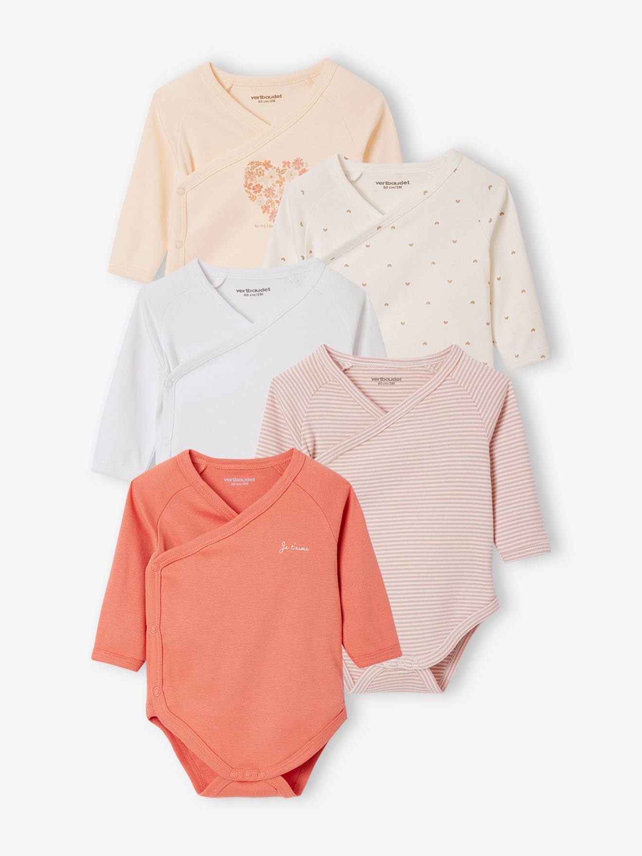 Pack of 5 Long Sleeve "Heart" Bodysuits for Newborn Babies rosy