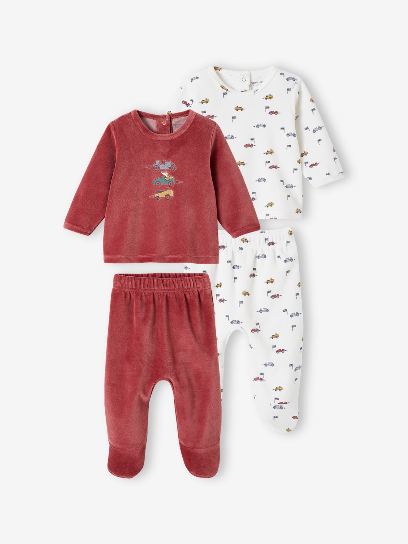 Pack of 2 Velour Pyjamas, Cars, for Babies terracotta