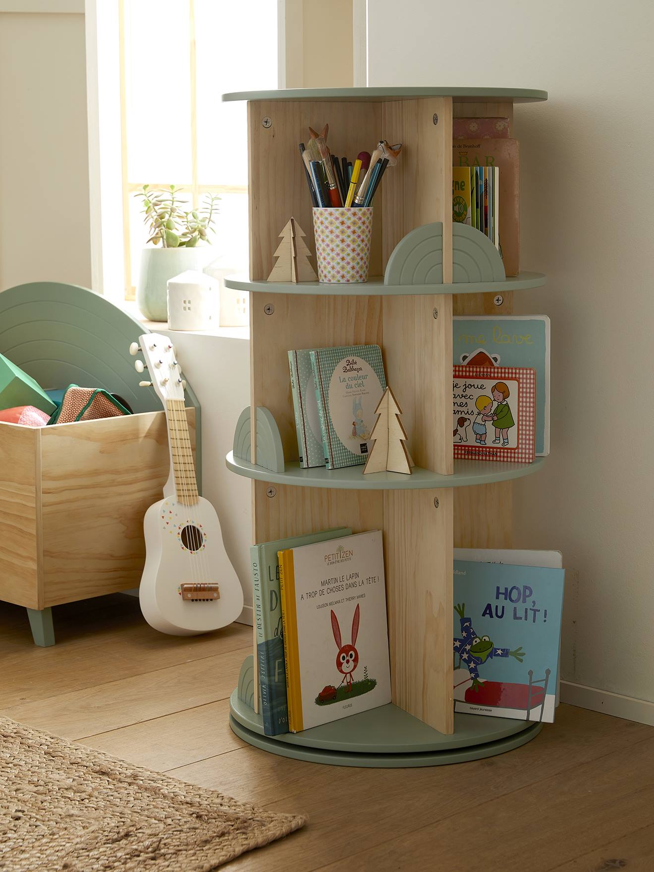 Rotating Bookshelf, Rainbow sage green