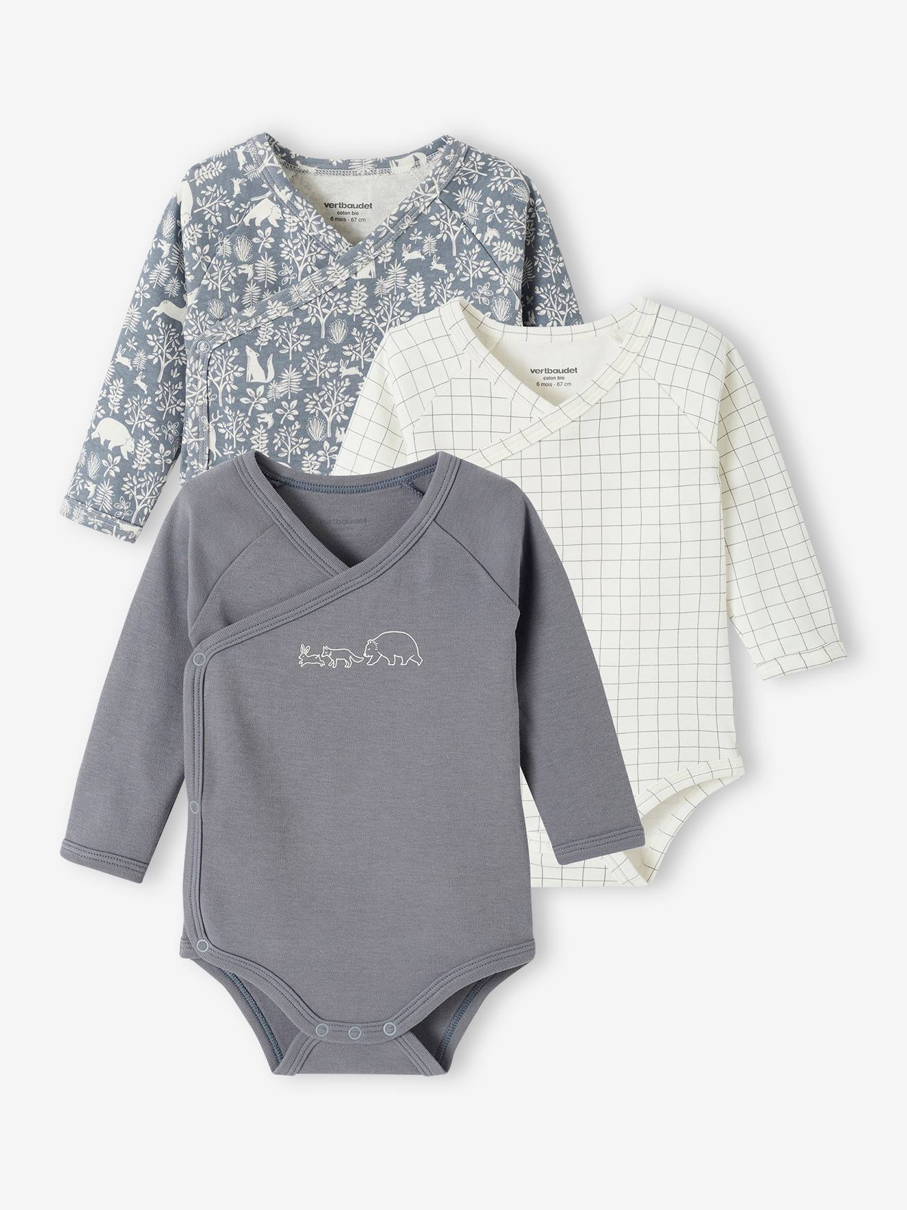 Pack of 3 Long-Sleeved Bodysuits in Organic Cotton for Newborn Babies denim blue
