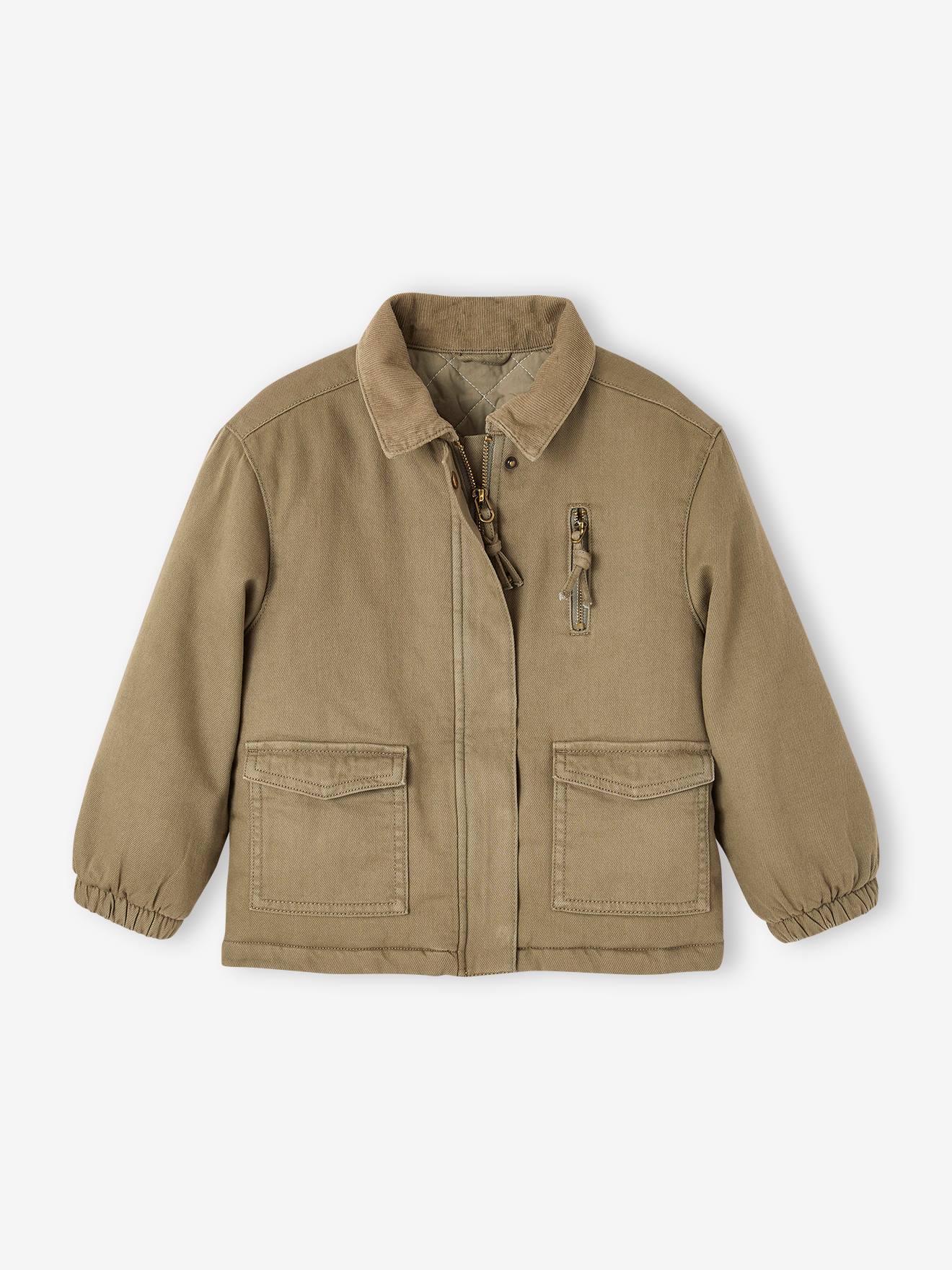 Quilted Jacket with Embroidery on the Back for Girls khaki