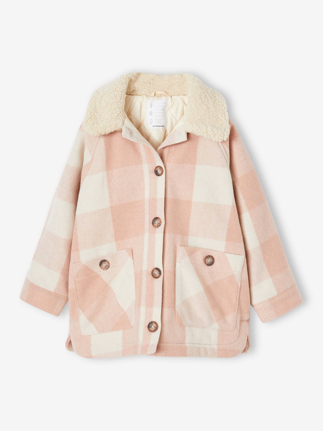 Shacket-Style Coat in Chequered Wool for Girls chequered pink