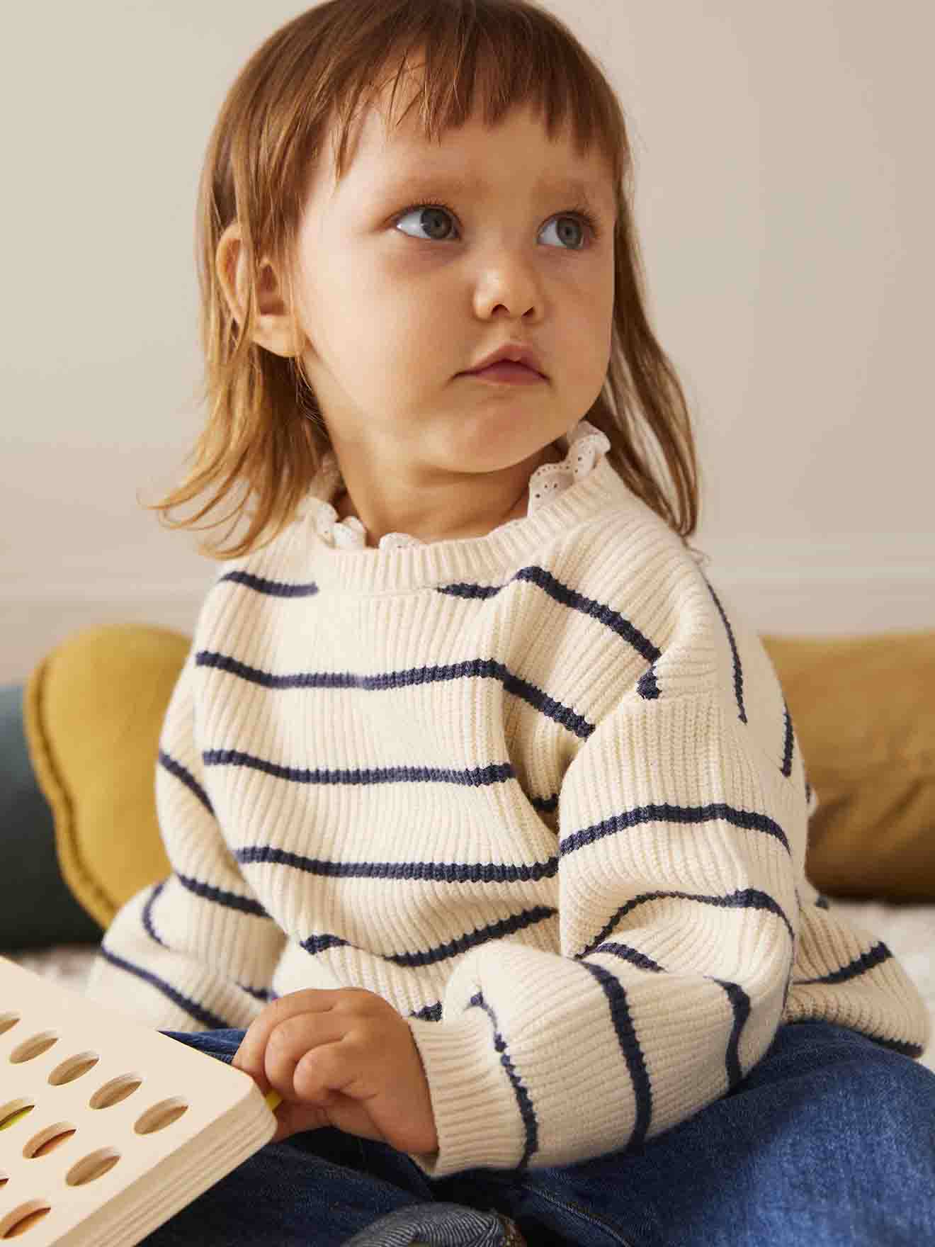 Rib Knit Jumper with Broderie Anglaise Collar for Babies striped navy blue