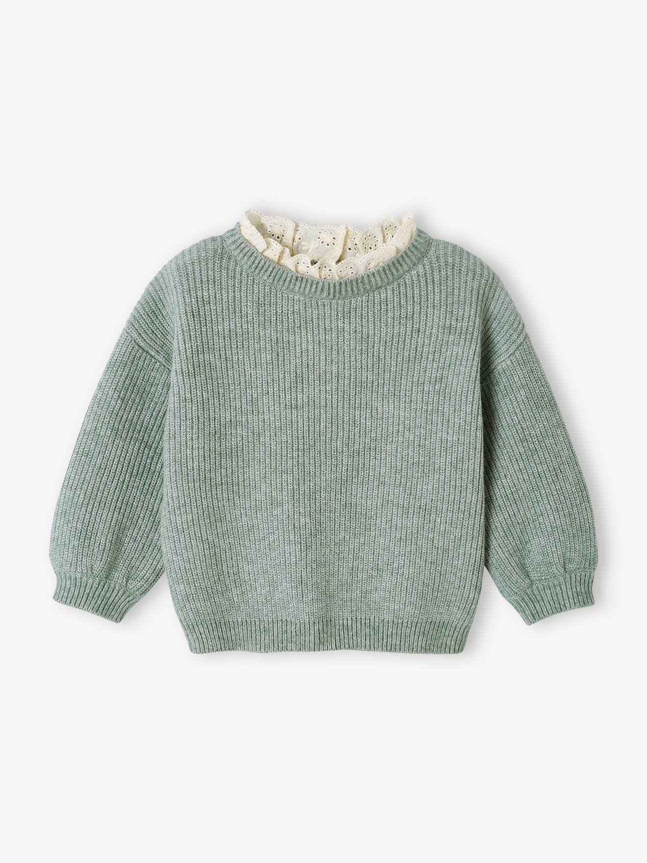 Rib Knit Jumper with Broderie Anglaise Collar for Babies sage green