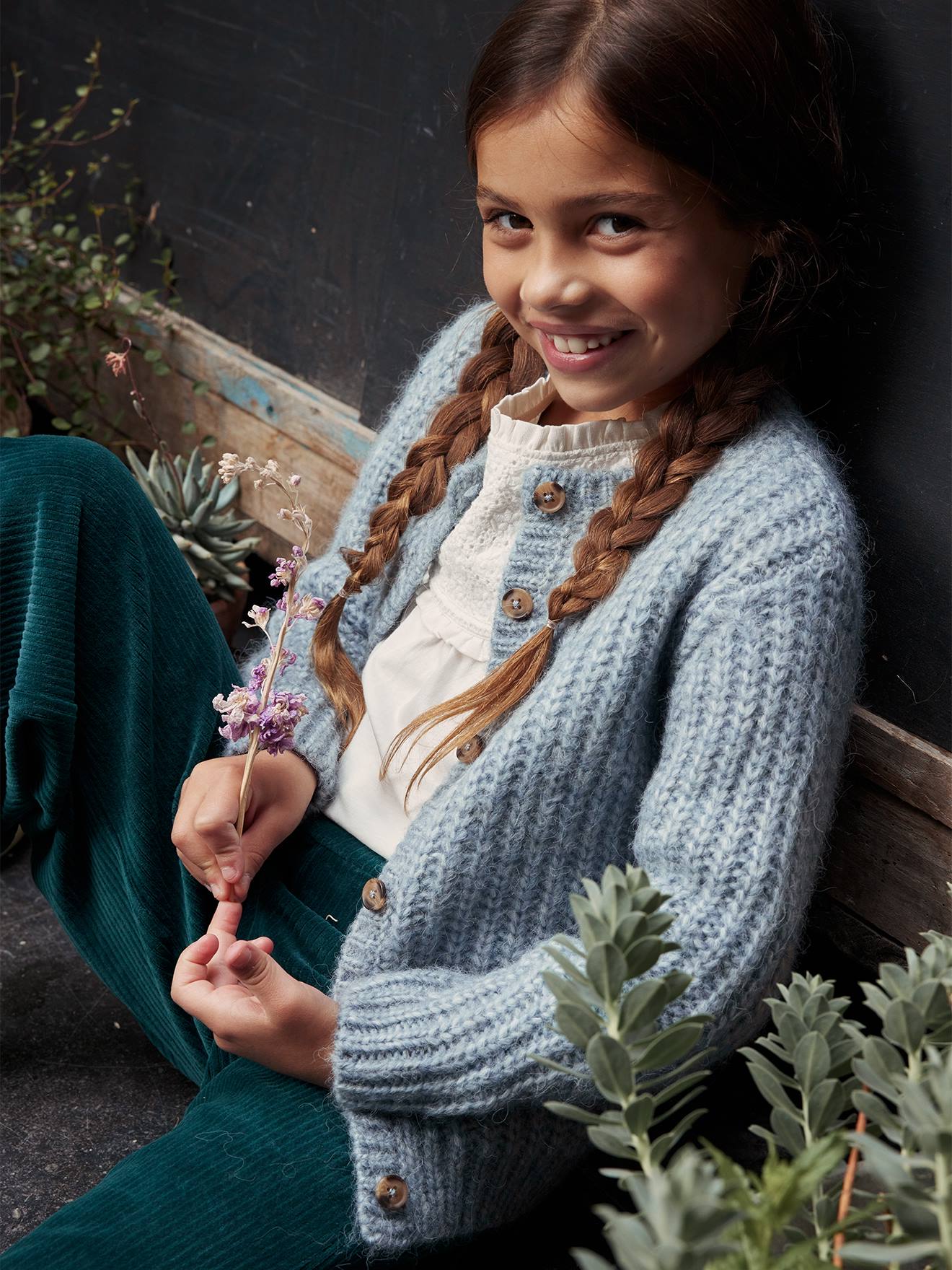 Loose-Fitting Soft Knit Cardigan for Girls petrol blue