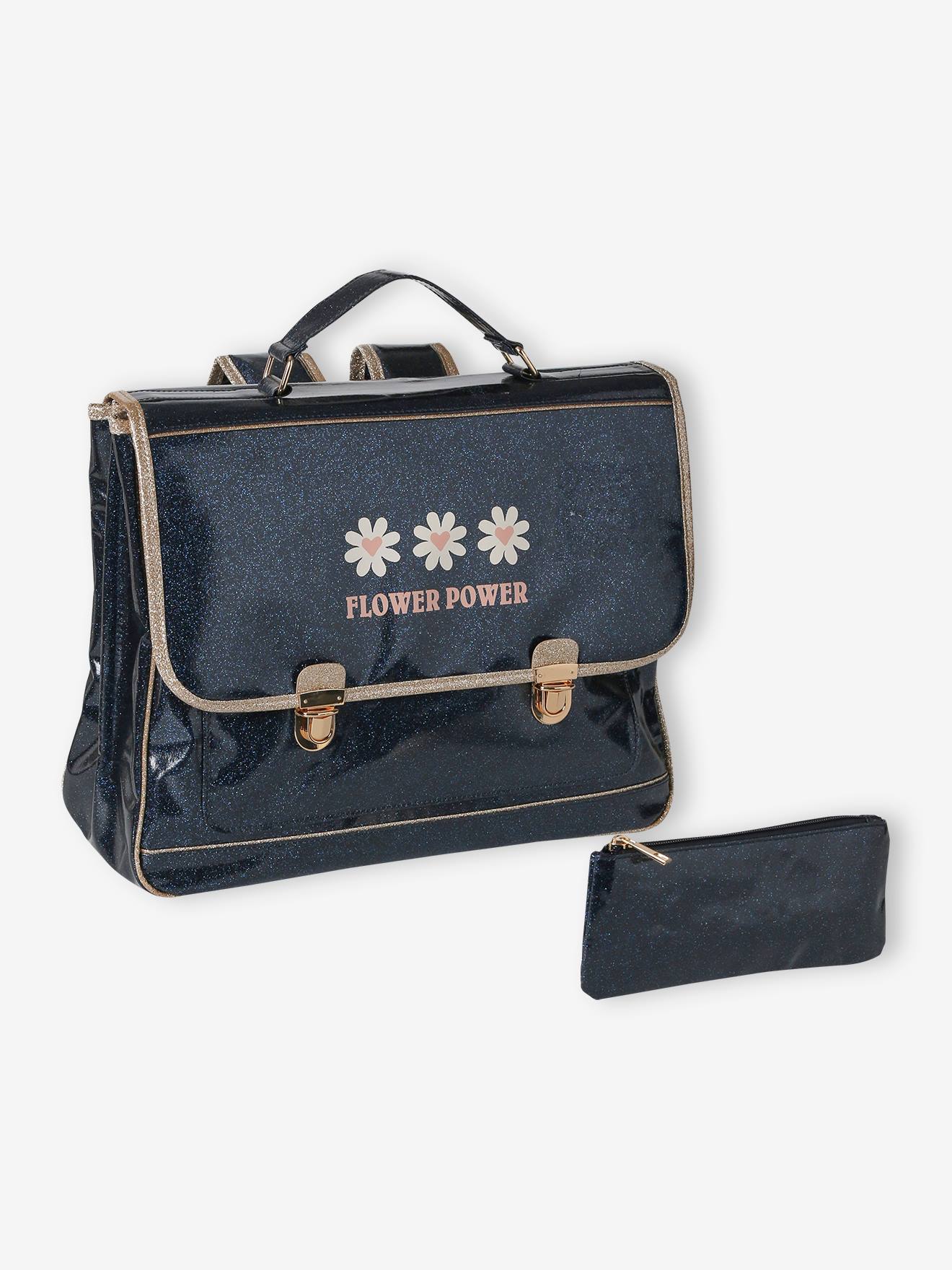 Satchel with "Flower Power" Glitter & Pencil Case, for Girls night blue