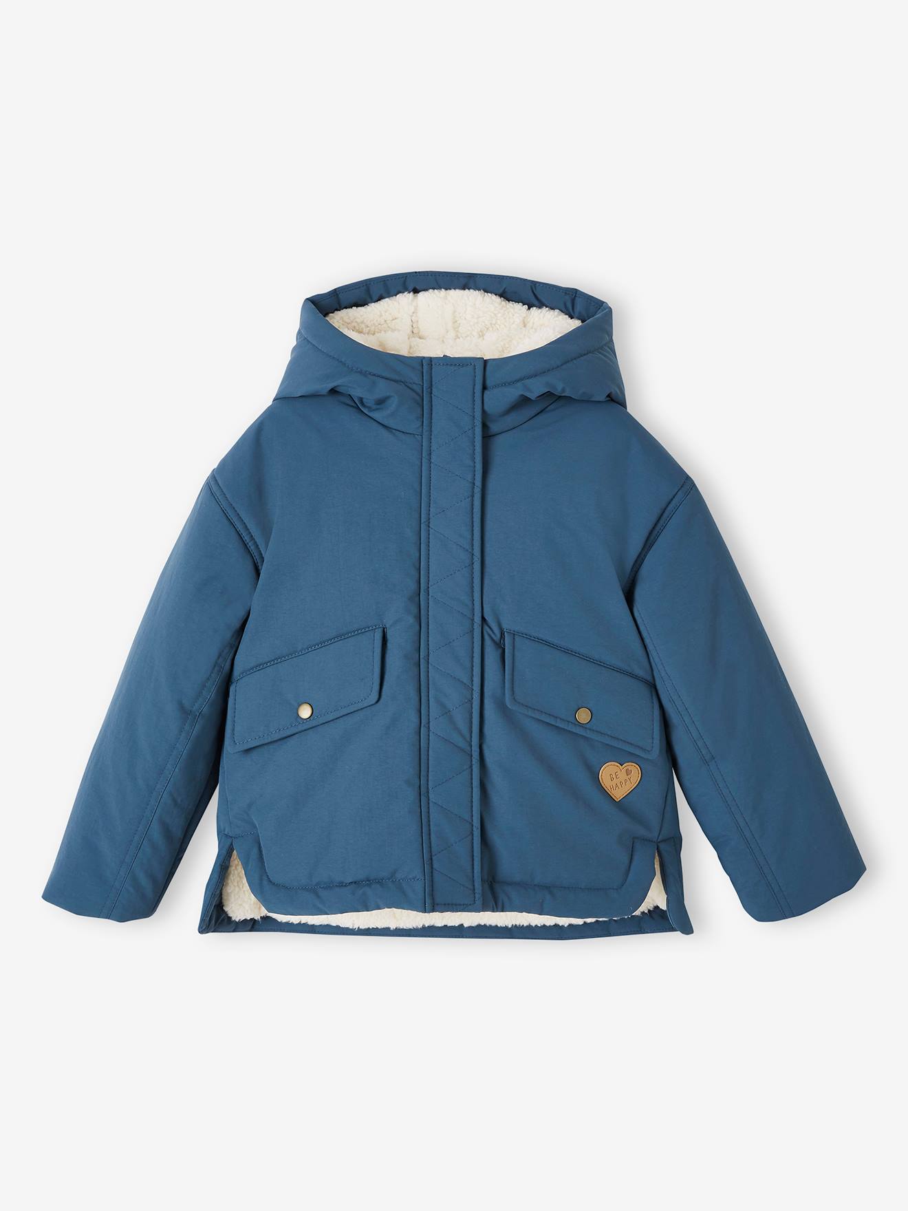 Short Parka with Hood & Sherpa Lining for Girls petrol blue