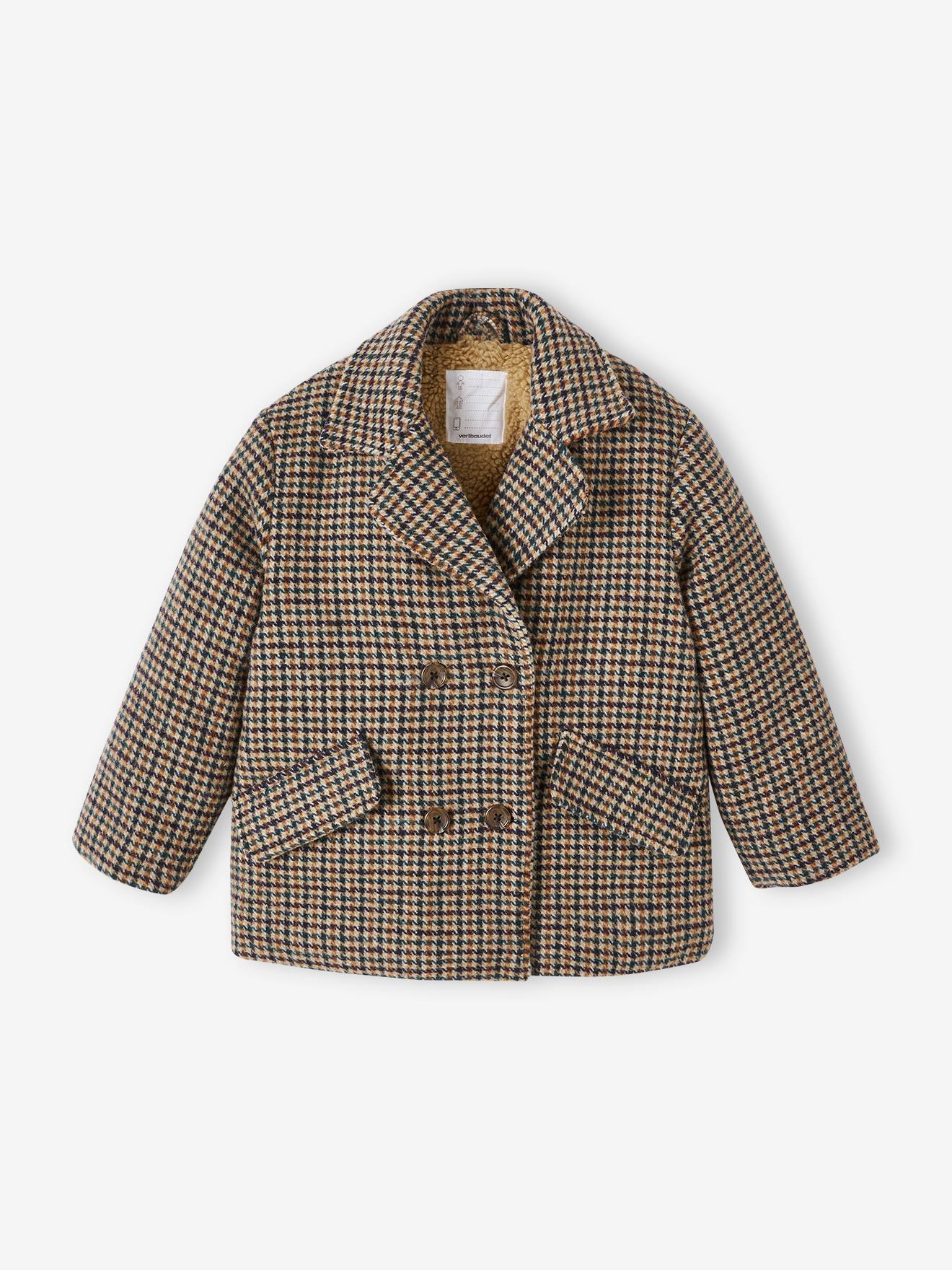 Coat in Woollen Checks & Sherpa Lining for Girls chequered beige