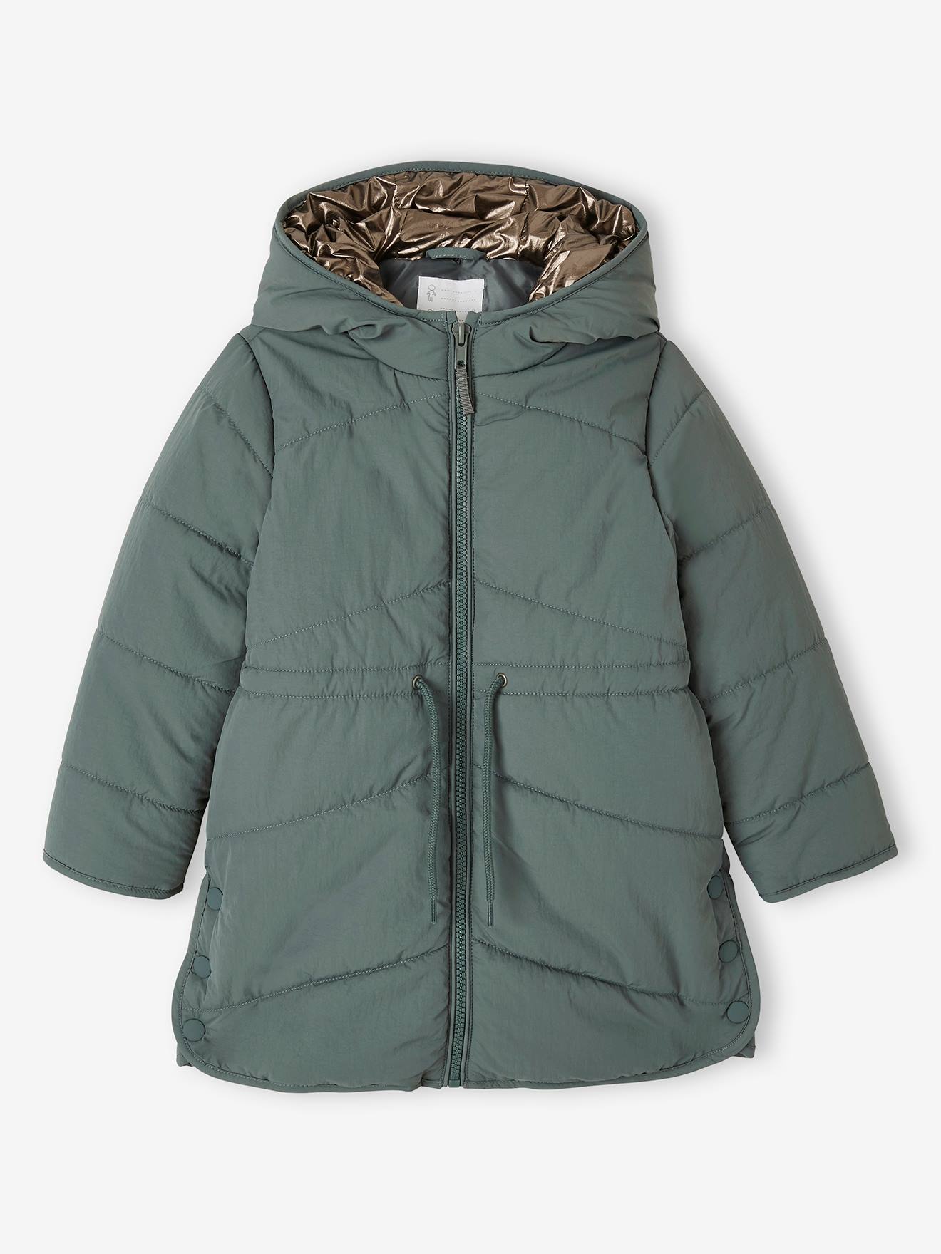 Long Lightly Padded Jacket with Shiny Hood for Girls green