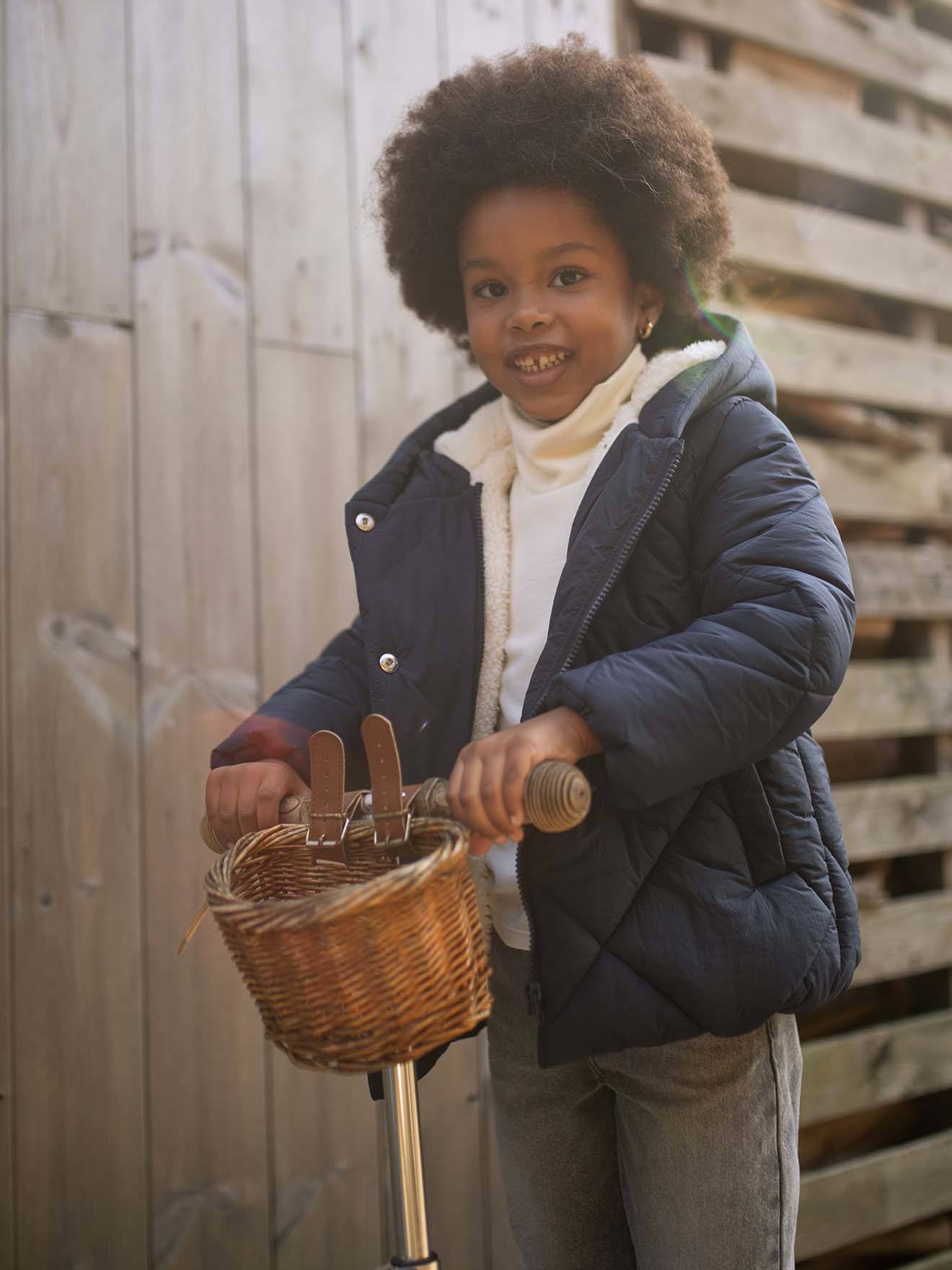 Padded Coat with Hood & Sherpa Lining for Girls navy blue