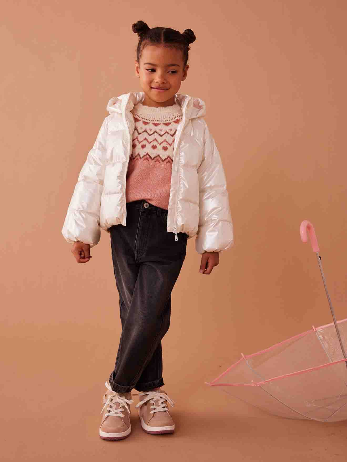 Padded Jacket with Pearl-Effect Hood & Polar Fleece Lining, for Girls ecru