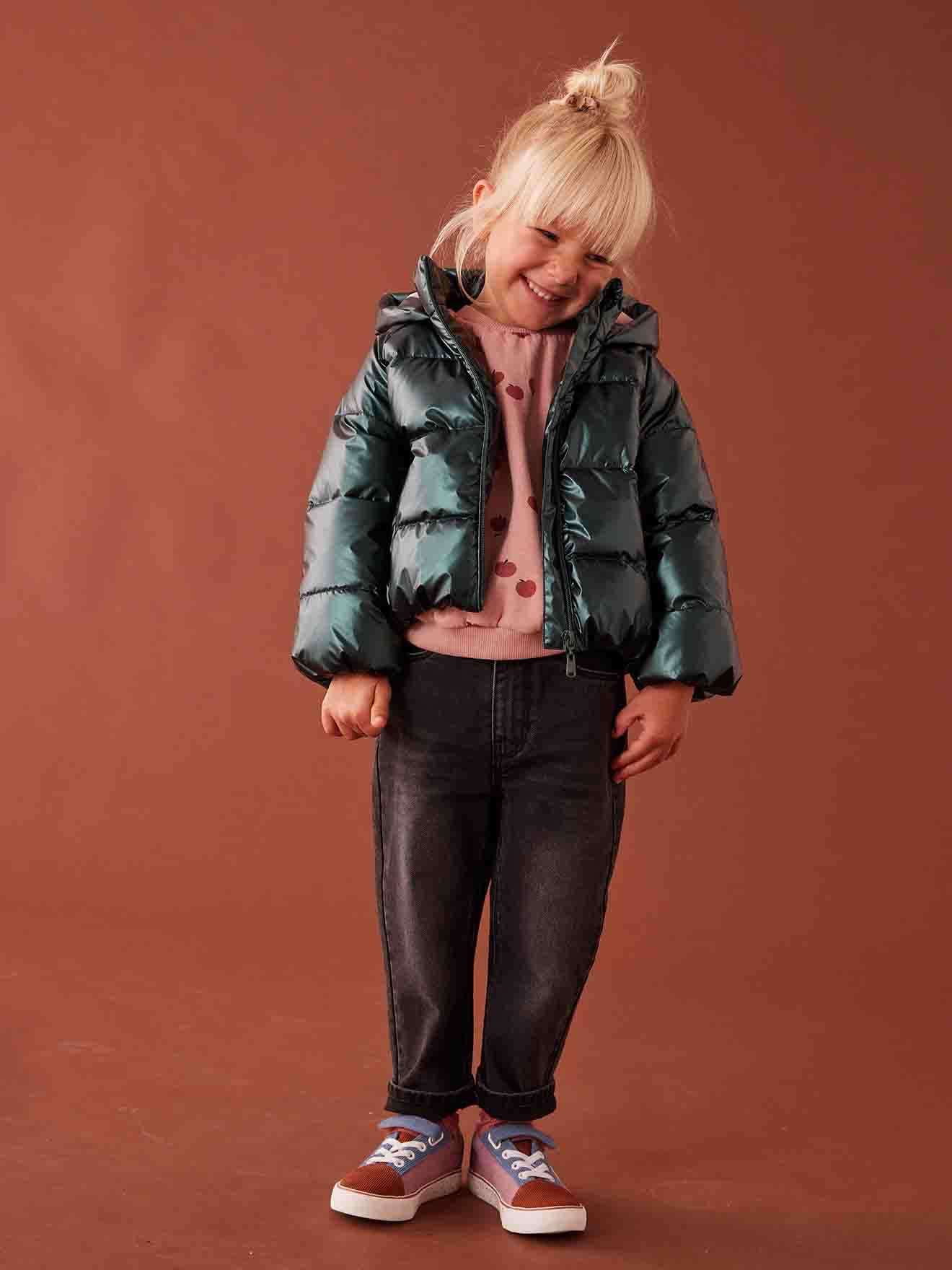 Padded Jacket with Pearl-Effect Hood & Polar Fleece Lining, for Girls fir green