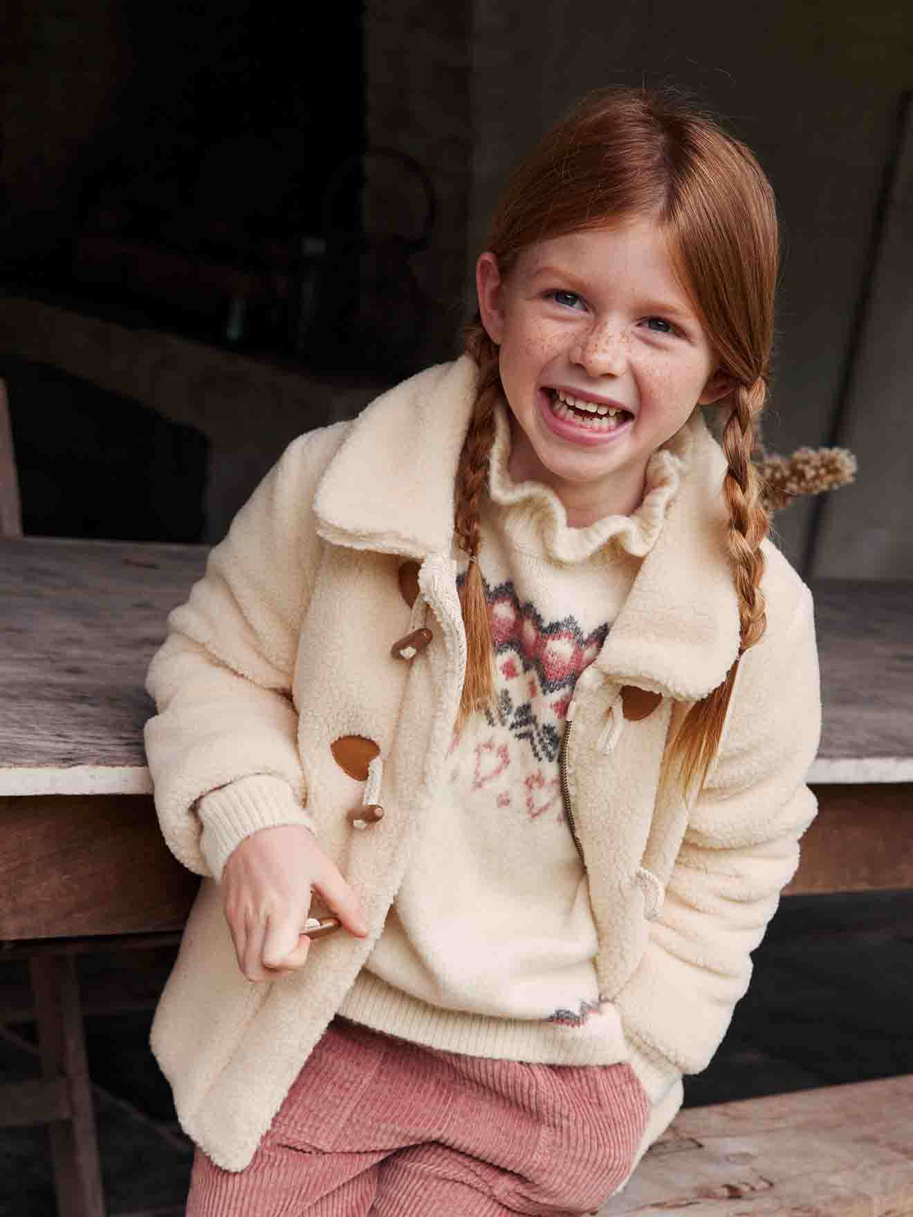 Warm Coat in Sherpa with Toggles for Girls ecru