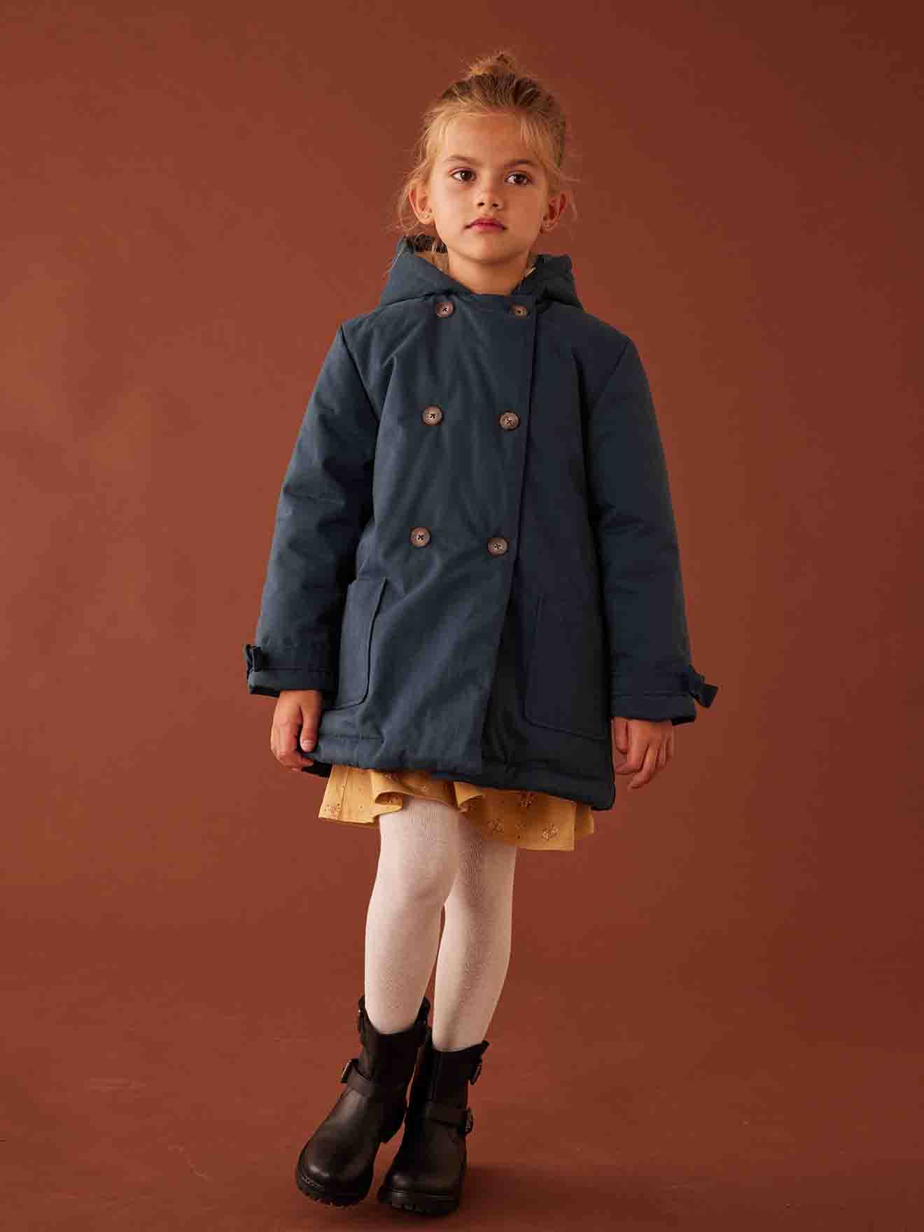 Hooded Parka in Chic Peachskin Effect Fabric for Girls navy blue