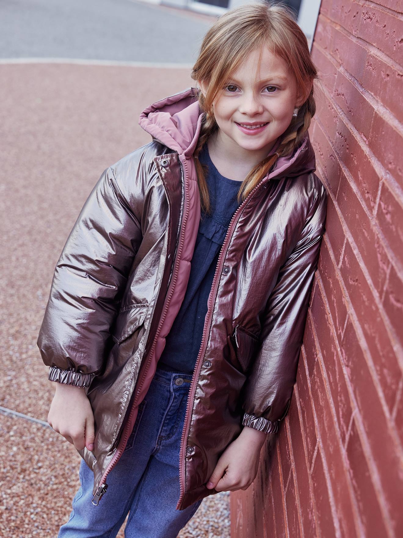 Reversible Hooded Parka, Metallised Effect of Padded, for Girls silver